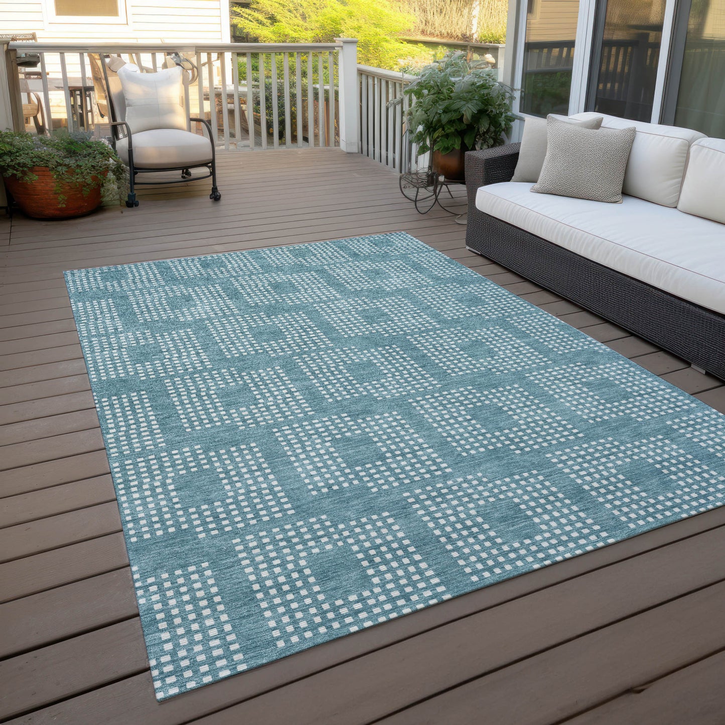 Tabselect Home Line 8' X 10' Teal Blue And Ivory Geometric Washable Indoor Outdoor Area Rug