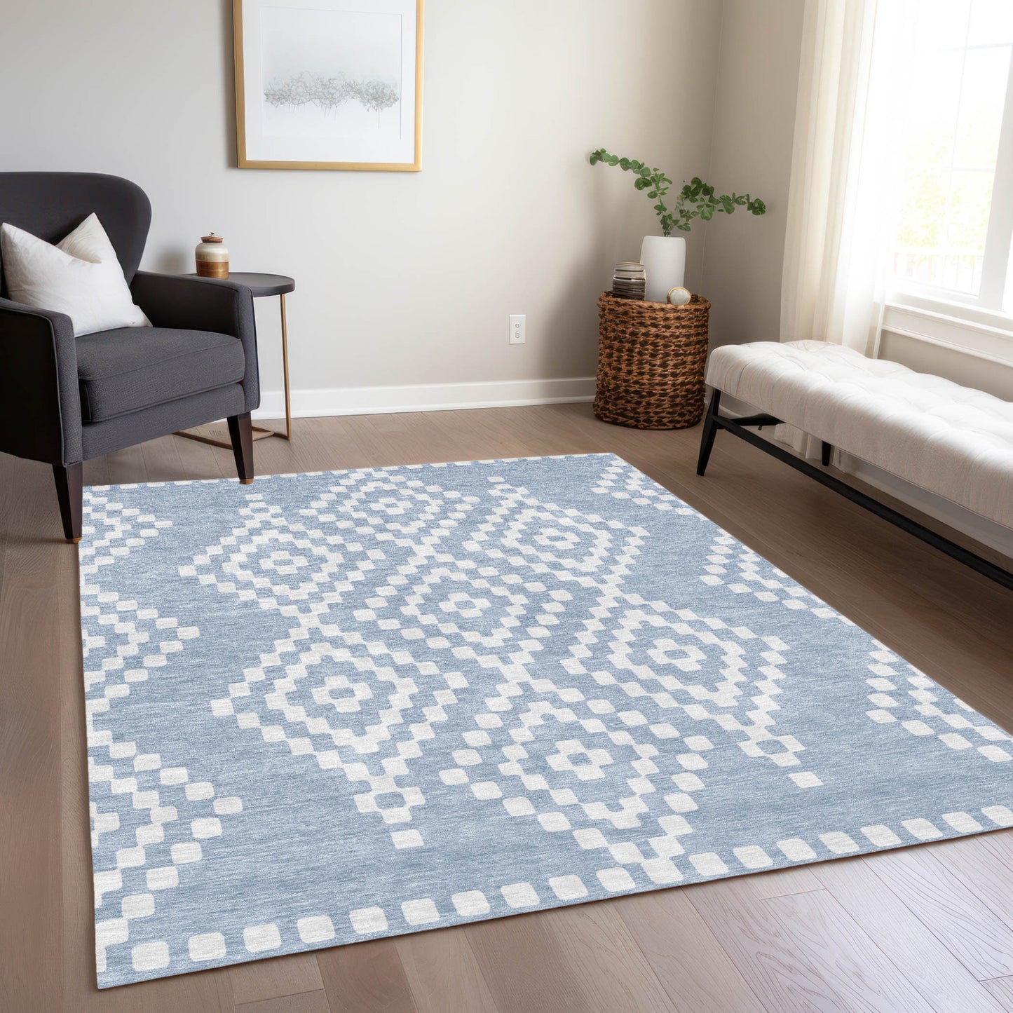 Tabselect Home Line 5' X 8' Denim Blue And Ivory Geometric Washable Indoor Outdoor Area Rug