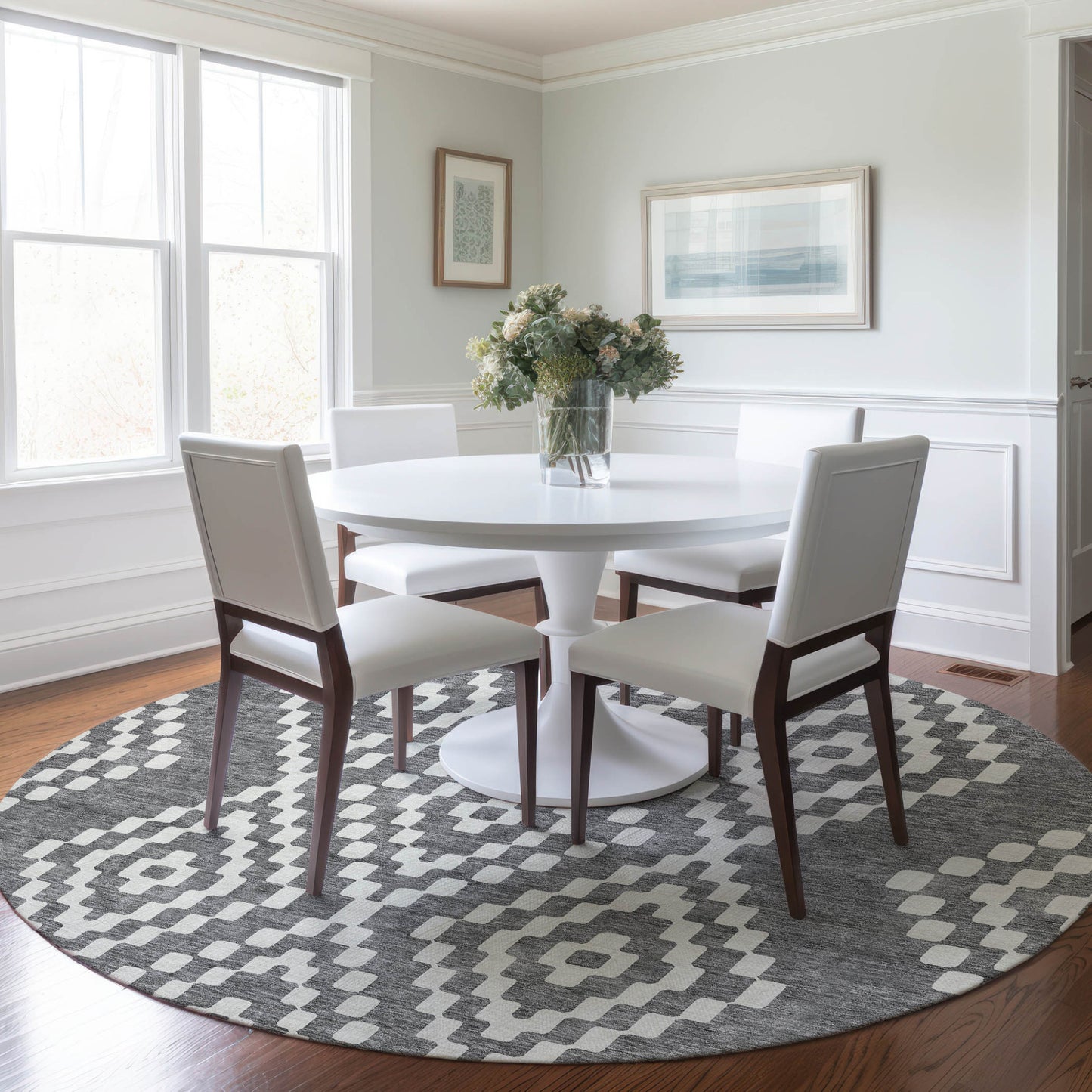 Tabselect Home Line 8' Gray And Ivory Round Geometric Washable Indoor Outdoor Area Rug