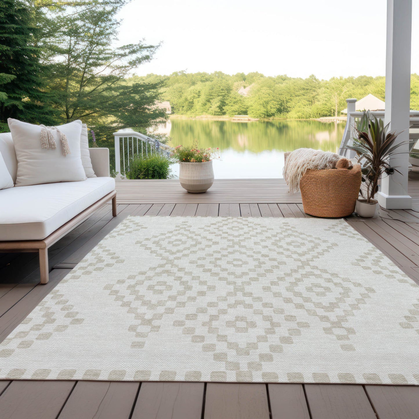 Tabselect Home Line 8' X 10' Ivory And Beige Geometric Washable Indoor Outdoor Area Rug