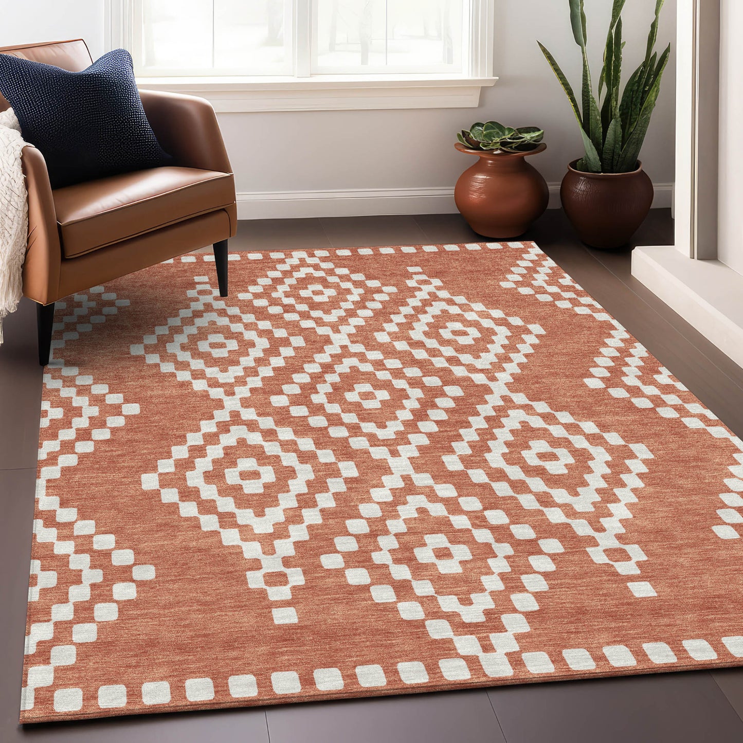 Tabselect Home Line 5' X 8' Salmon And Ivory Geometric Washable Indoor Outdoor Area Rug