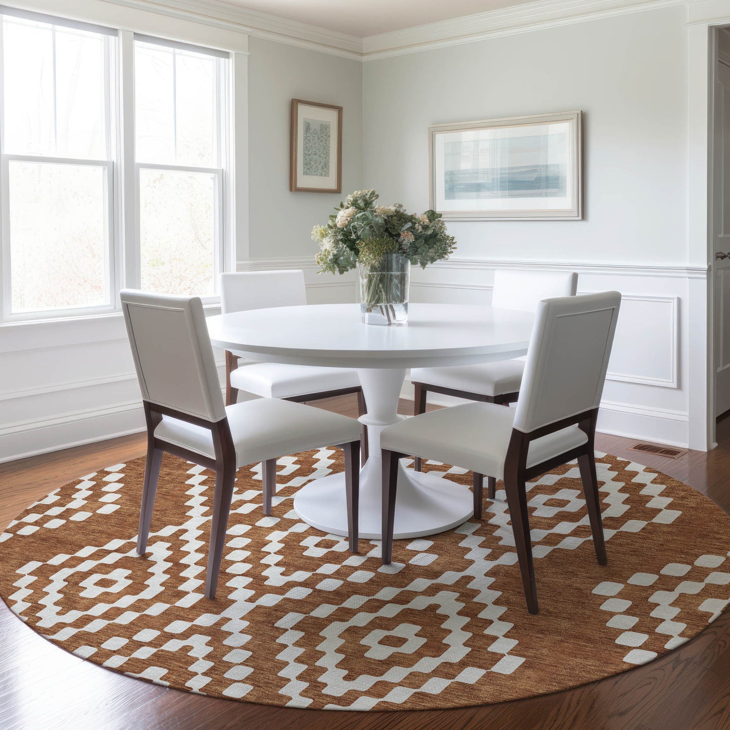 Tabselect Home Line 8' Terra Cotta And Ivory Round Geometric Washable Indoor Outdoor Area Rug