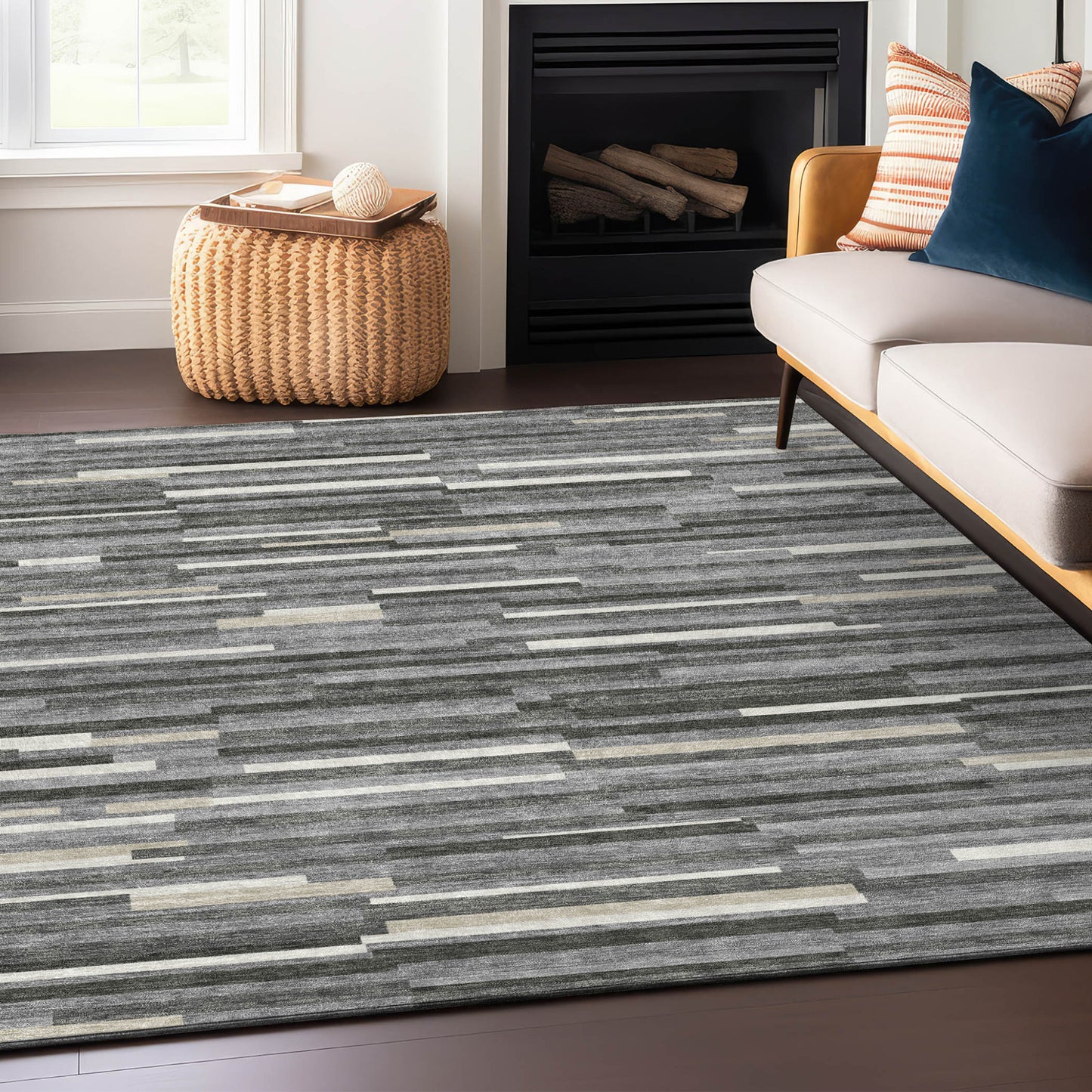 Tabselect Home Line 8' X 10' Gray And Ivory Striped Washable Indoor Outdoor Area Rug