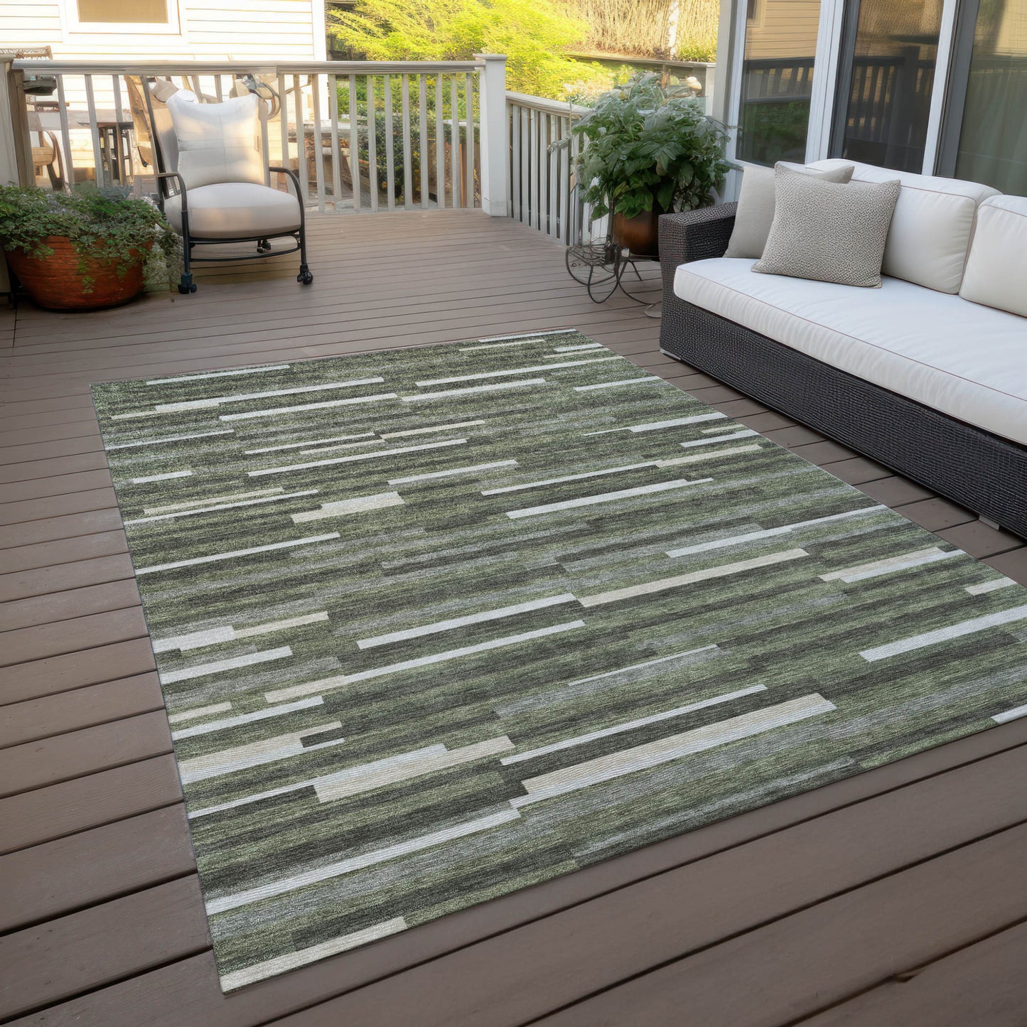 Tabselect Home Line 8' X 10' Olive Green Gray And Ivory Striped Washable Indoor Outdoor Area Rug
