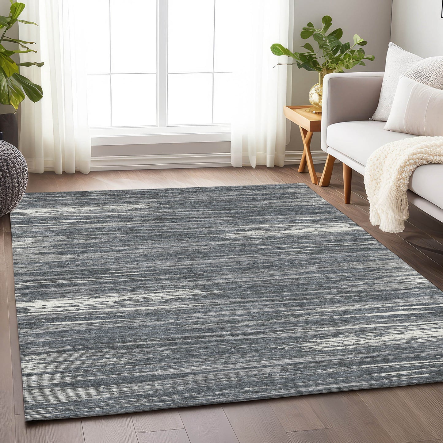 Tabselect Home Line 8' X 10' Gray And Ivory Striped Washable Indoor Outdoor Area Rug