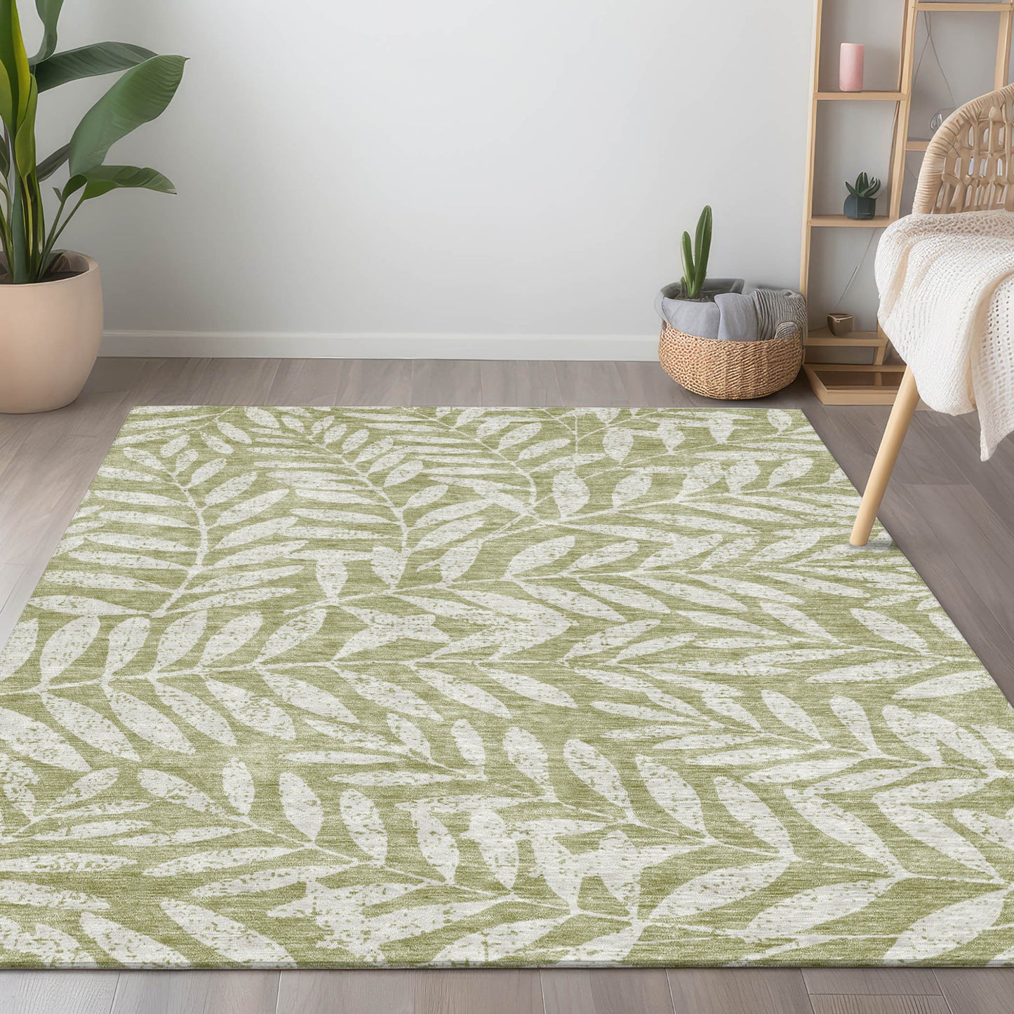 Tabselect Home Line 5' X 8' Artichoke Green And Ivory Floral Washable Indoor Outdoor Area Rug