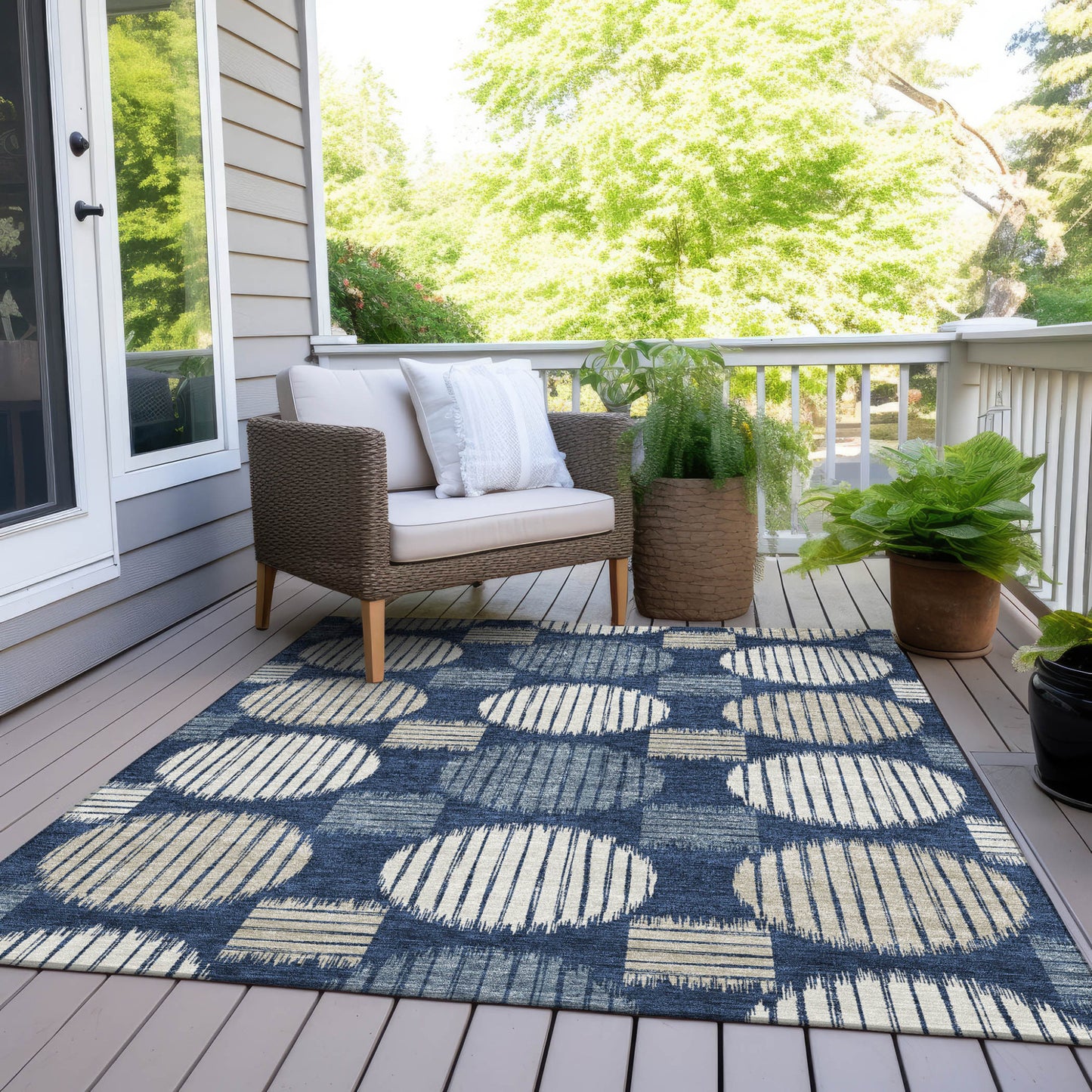 Tabselect Home Line 8' X 10' Navy Blue And Ivory Geometric Washable Indoor Outdoor Area Rug