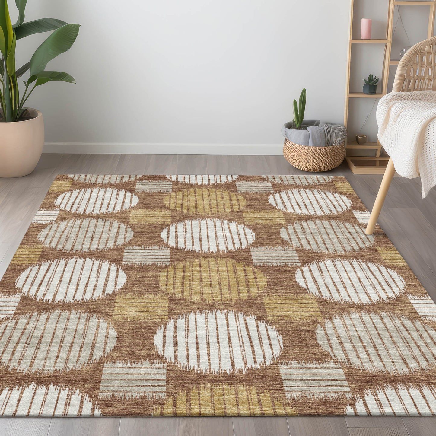 Tabselect Home Line 5' X 8' Brown Beige And Ivory Geometric Washable Indoor Outdoor Area Rug