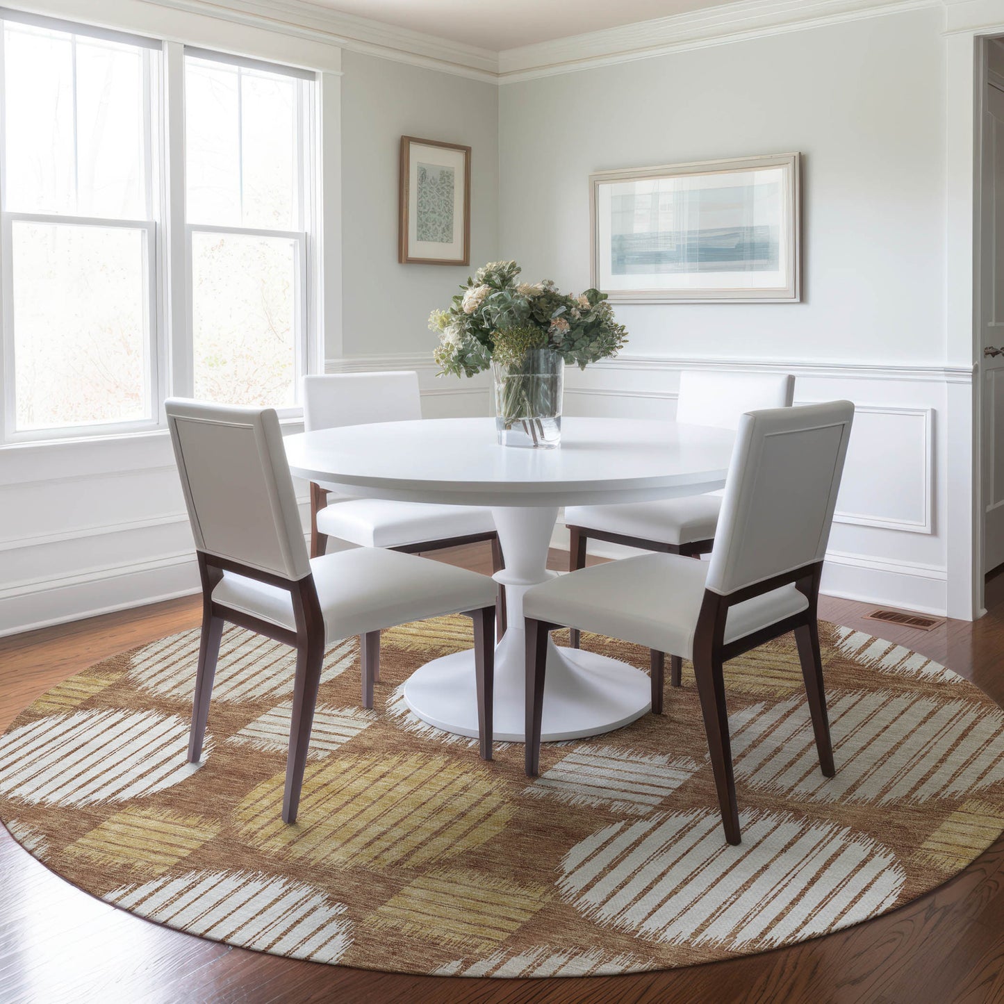 Tabselect Home Line 8' Brown Beige And Ivory Round Geometric Washable Indoor Outdoor Area Rug