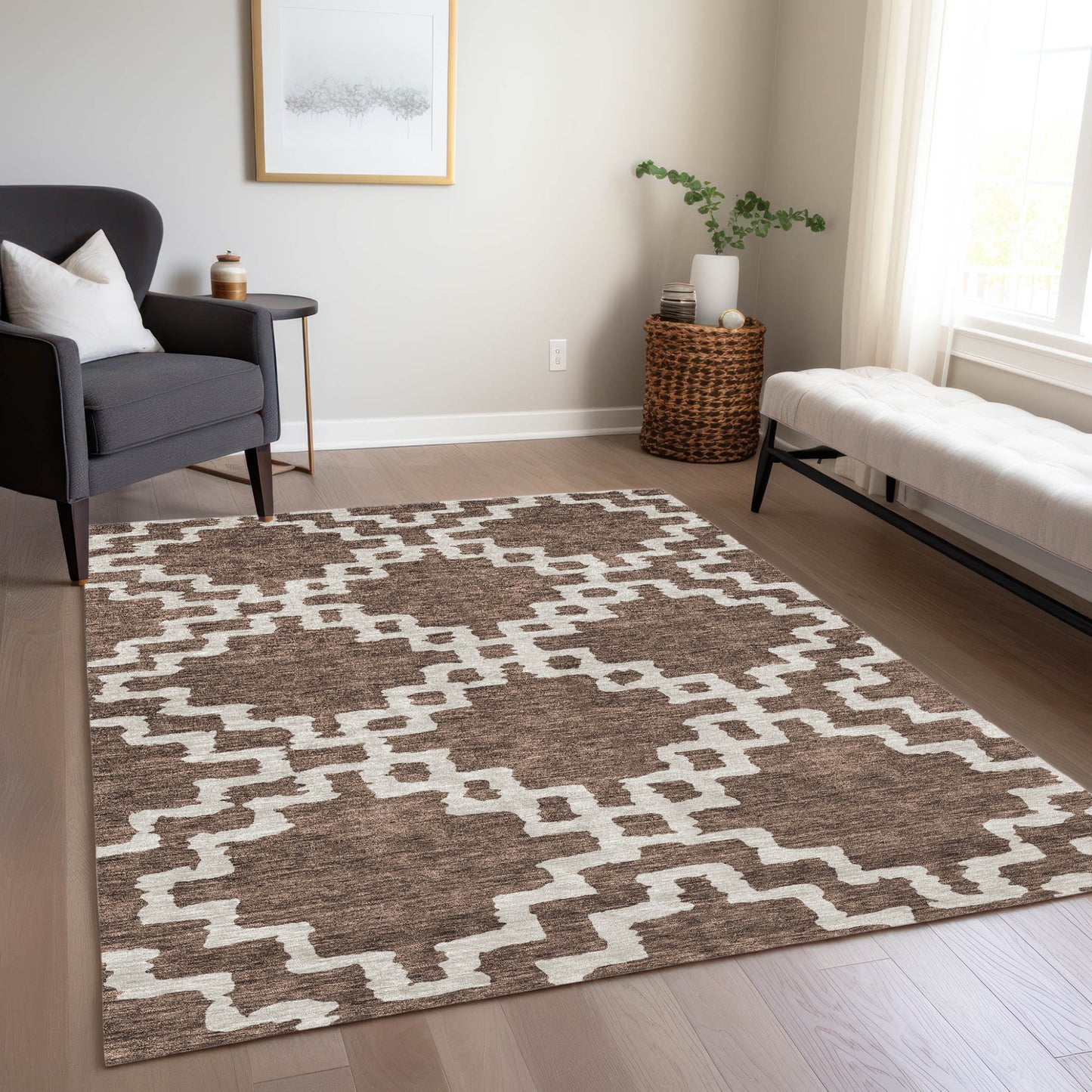 Tabselect Home Line 8' X 10' Brown And Ivory Geometric Washable Indoor Outdoor Area Rug