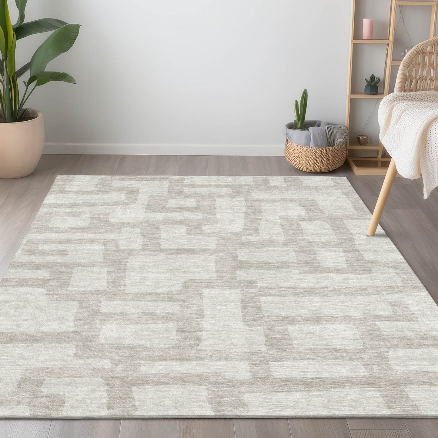 Tabselect Home Line 5' X 8' Ivory And Beige Abstract Washable Indoor Outdoor Area Rug