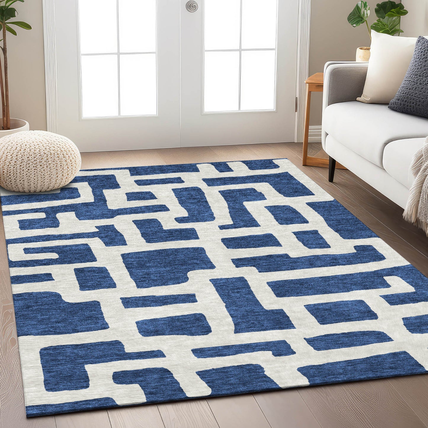 Tabselect Home Line 8' X 10' Navy Blue And Ivory Abstract Washable Indoor Outdoor Area Rug