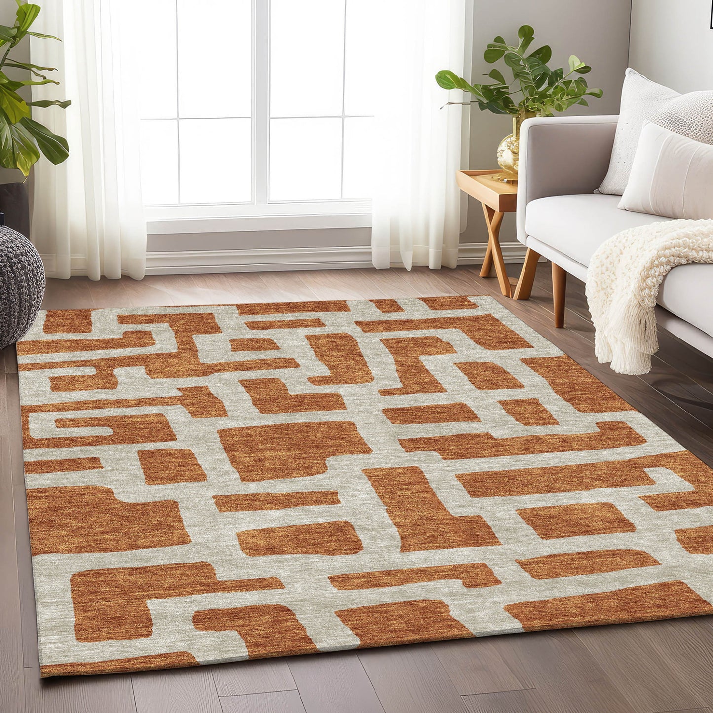 Tabselect Home Line 5' X 8' Terra Cotta And Gray Abstract Washable Indoor Outdoor Area Rug