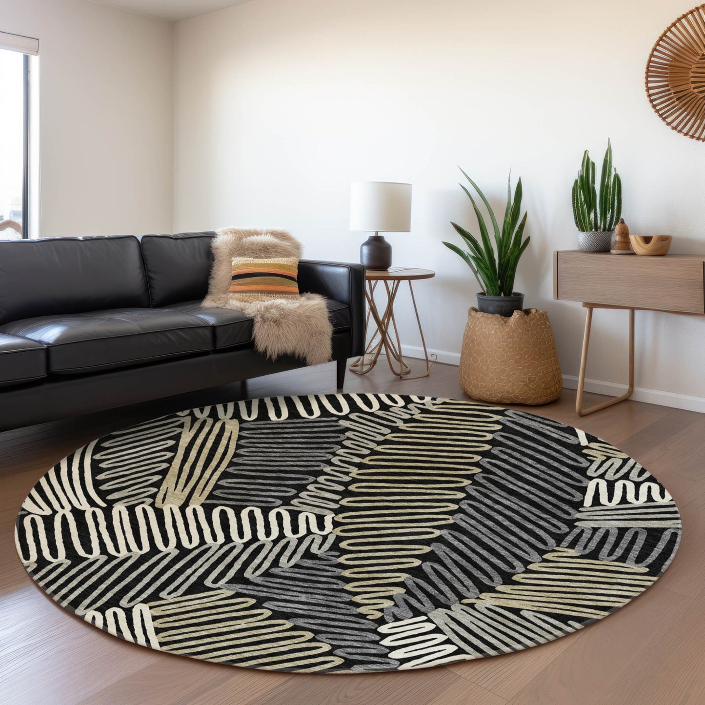 Tabselect Home Line 8' Black Gray And Ivory Round Floral Washable Indoor Outdoor Area Rug