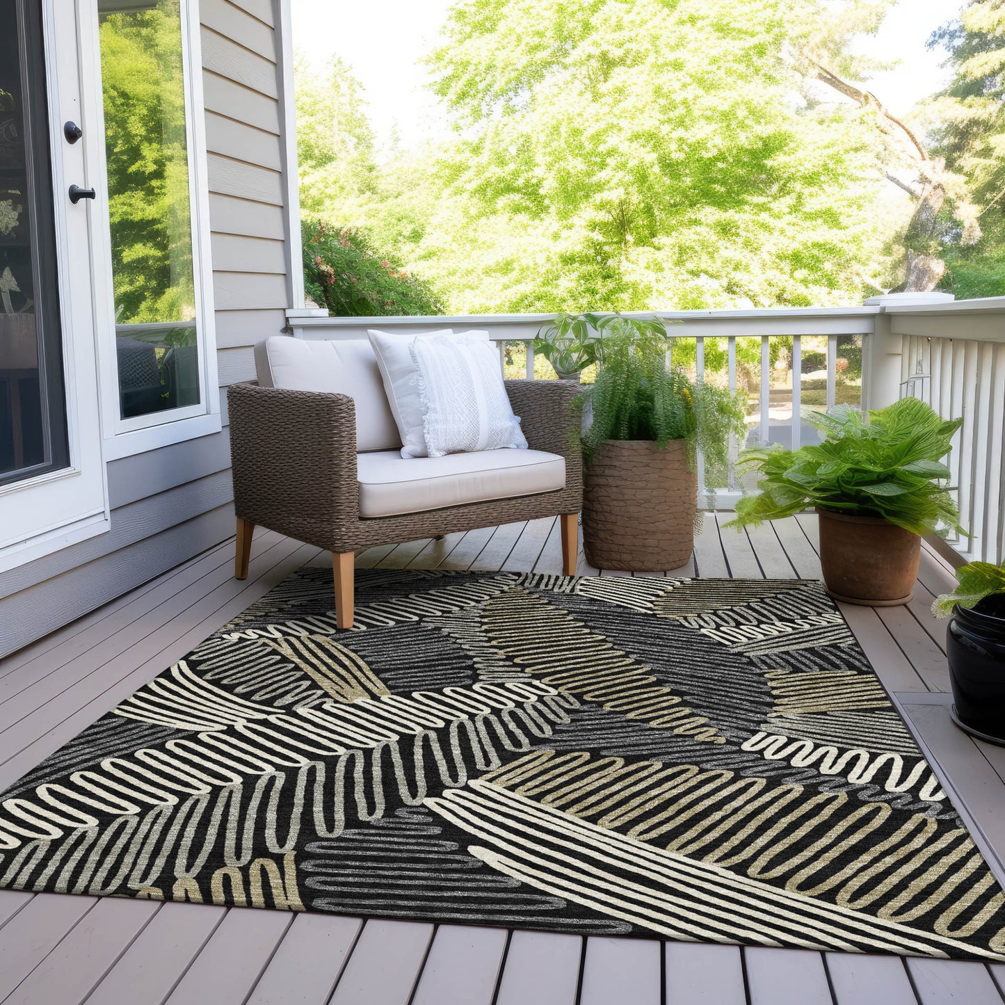 Tabselect Home Line 8' X 10' Black Gray And Ivory Floral Washable Indoor Outdoor Area Rug