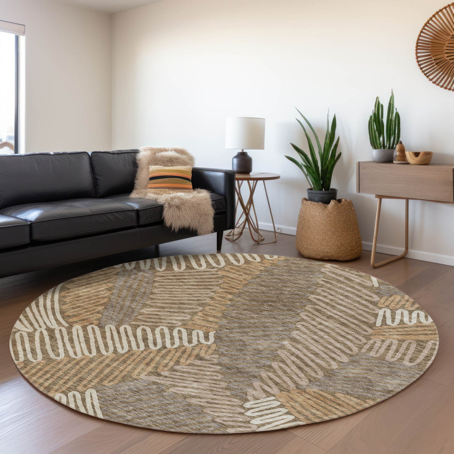 Tabselect Home Line 8' Brown And Ivory Round Floral Washable Indoor Outdoor Area Rug