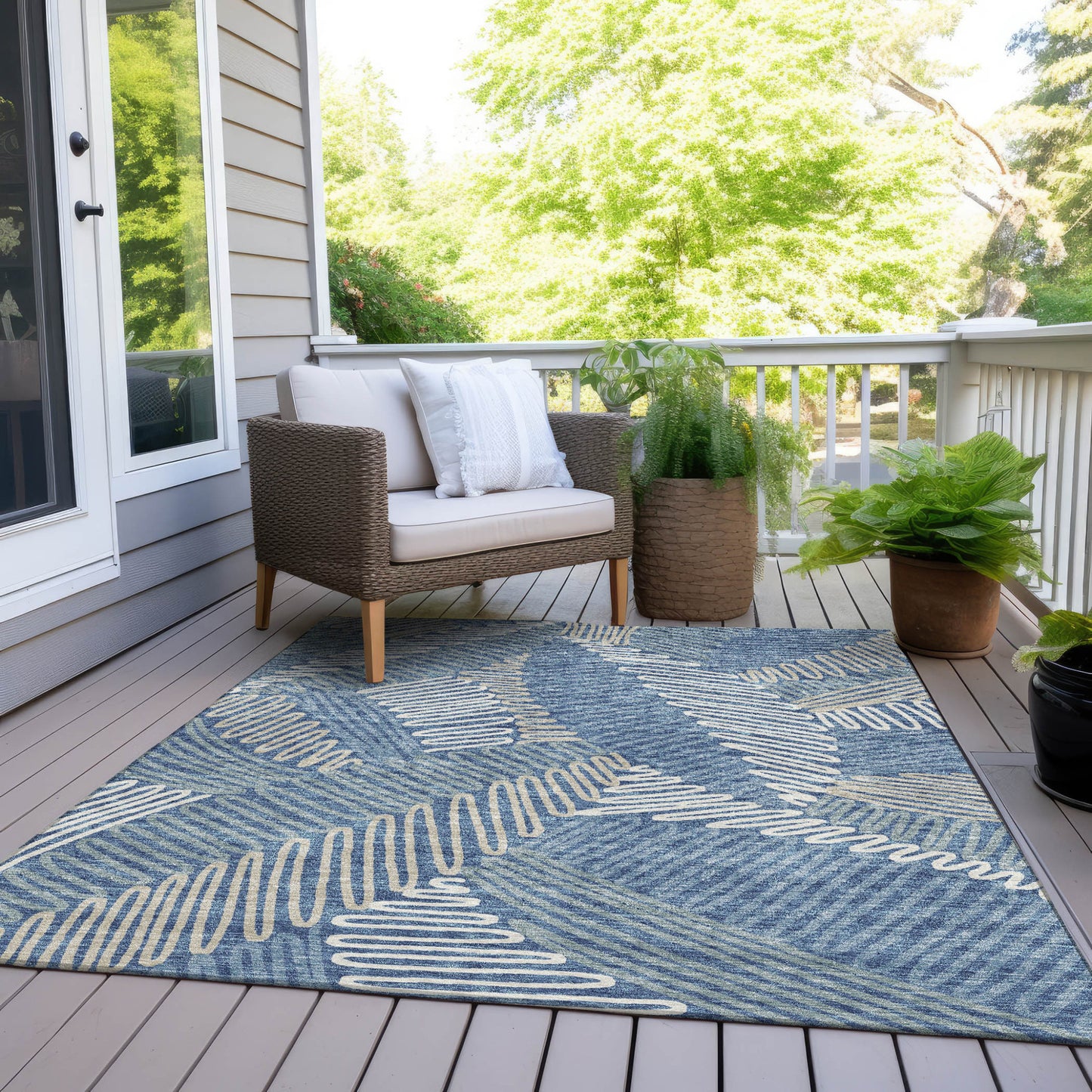 Tabselect Home Line 5' X 8' Blue Gray And Ivory Floral Washable Indoor Outdoor Area Rug