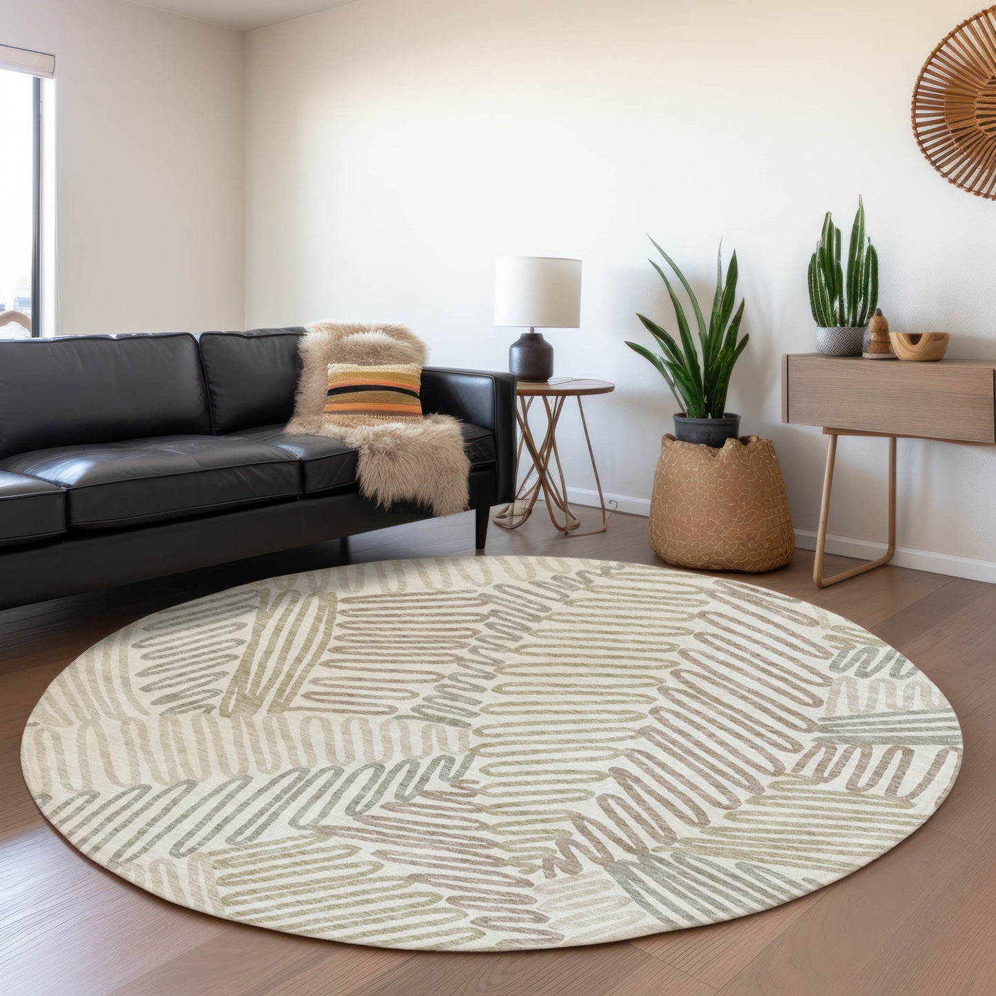 Tabselect Home Line 8' Ivory Gray And Brown Round Floral Washable Indoor Outdoor Area Rug
