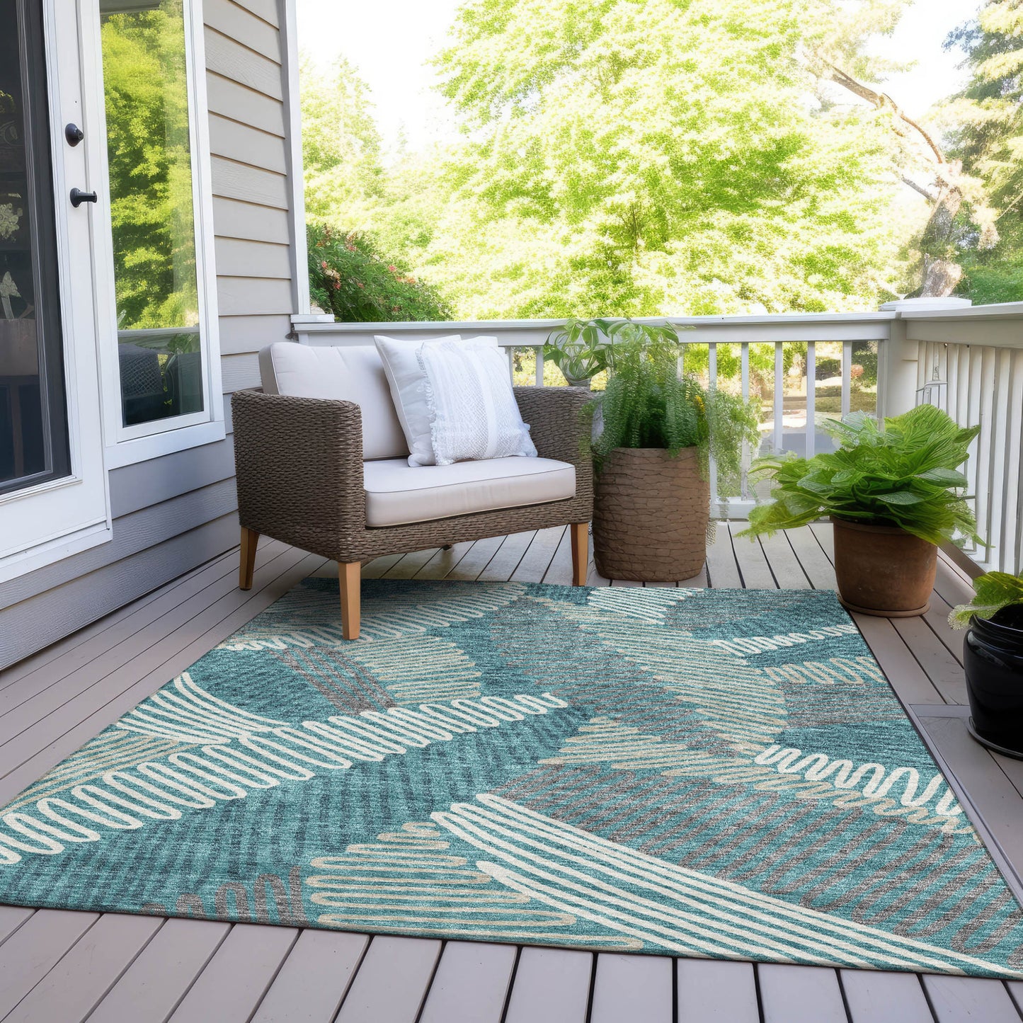 Tabselect Home Line 8' X 10' Teal Blue Gray And Ivory Floral Washable Indoor Outdoor Area Rug