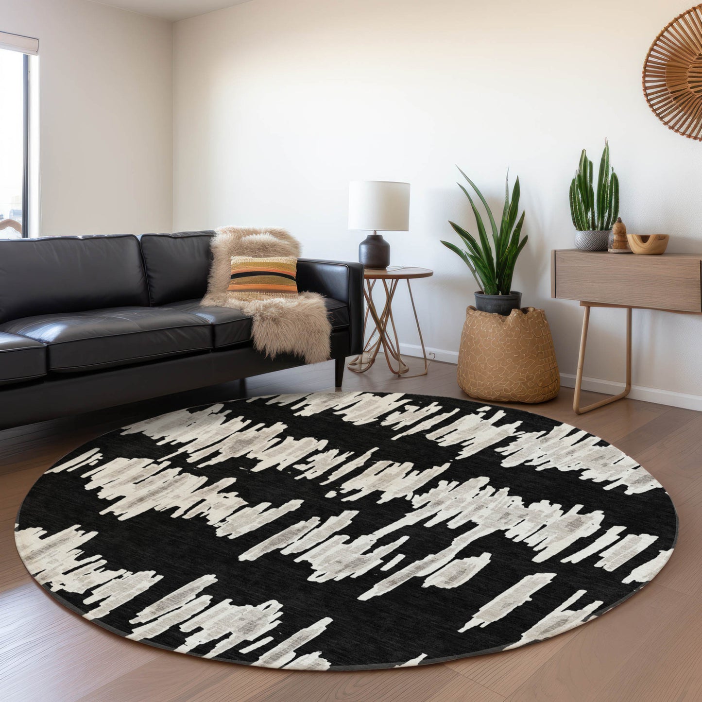 Tabselect Home Line 8' Black Ivory And Gray Round Striped Washable Indoor Outdoor Area Rug