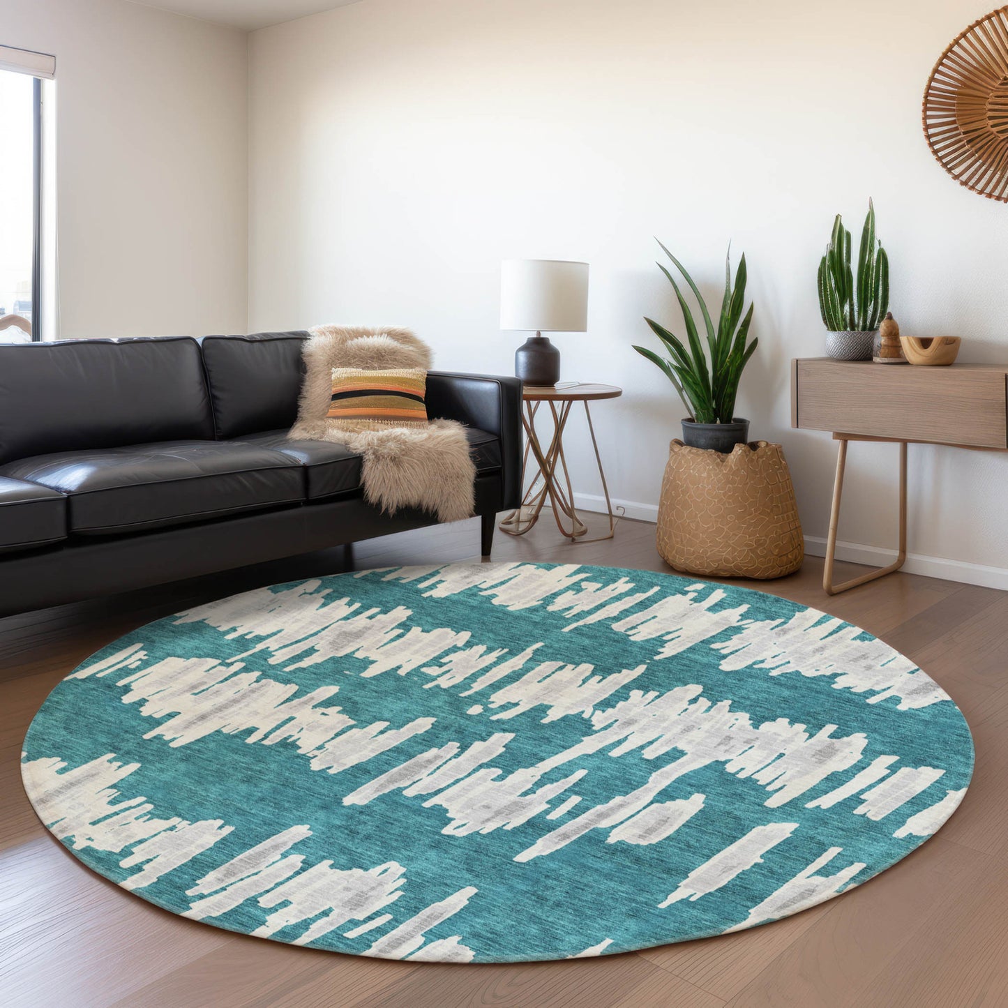 Tabselect Home Line 8' Teal Blue And Gray Round Striped Washable Indoor Outdoor Area Rug