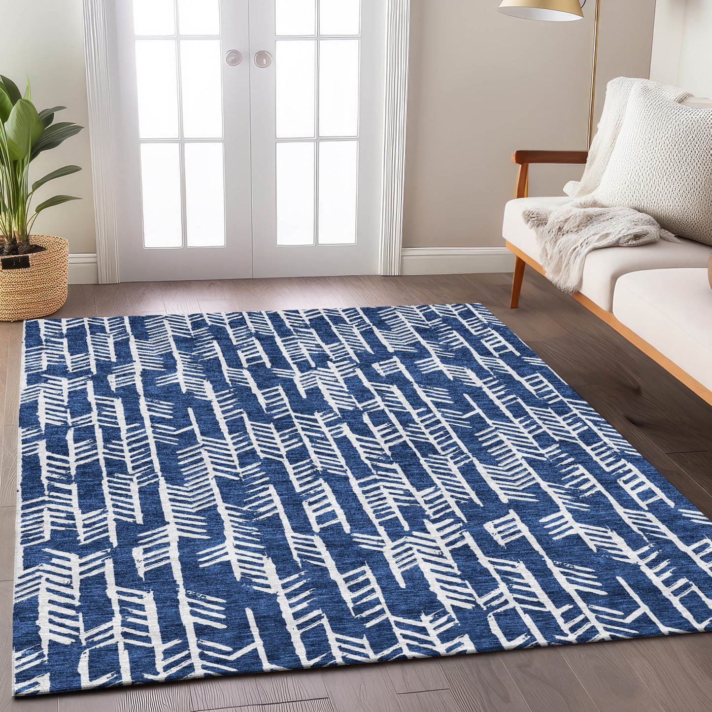 Tabselect Home Line 5' X 8' Navy Blue And Ivory Tribal Washable Indoor Outdoor Area Rug