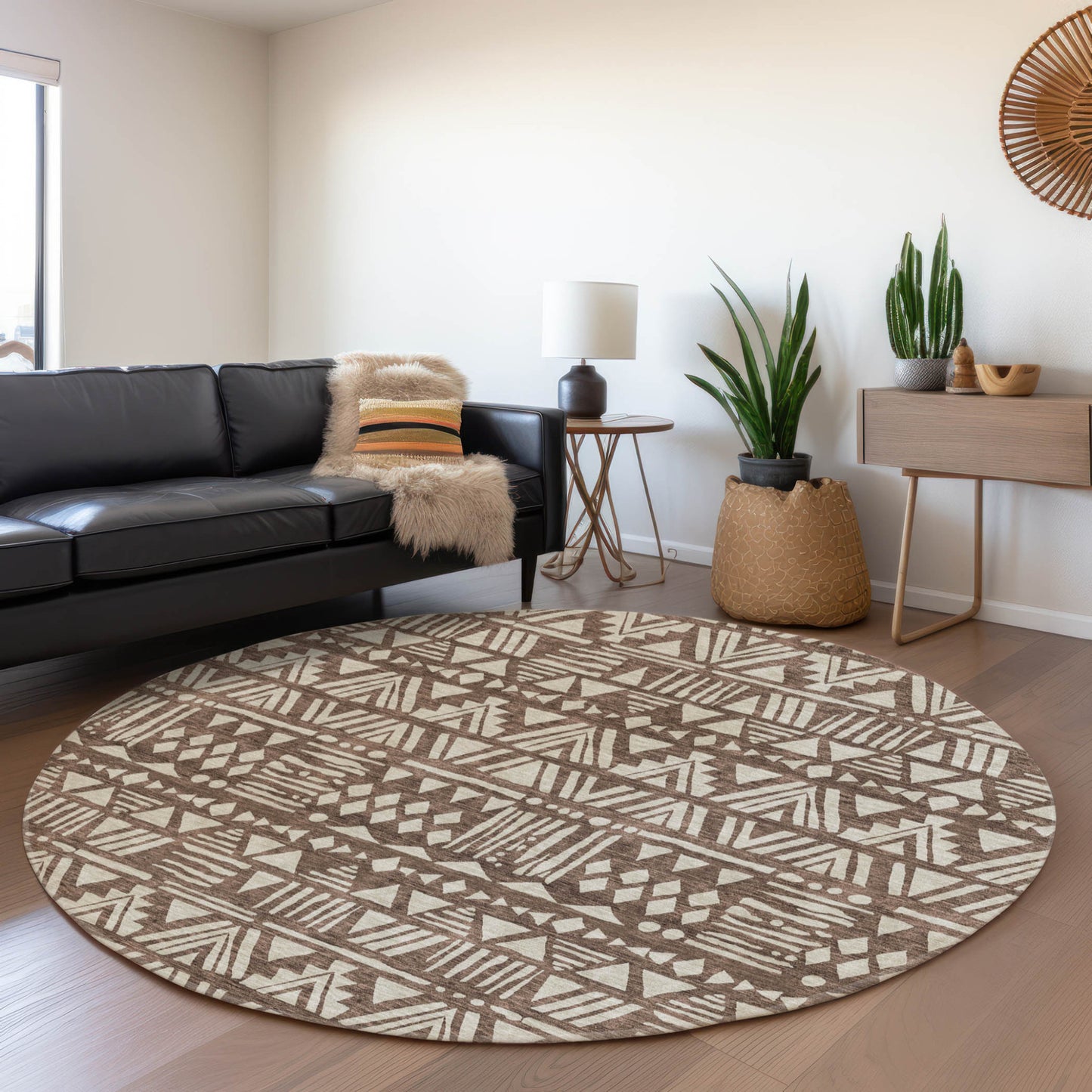 Tabselect Home Line 8' Brown And Beige Round Southwestern Washable Indoor Outdoor Area Rug