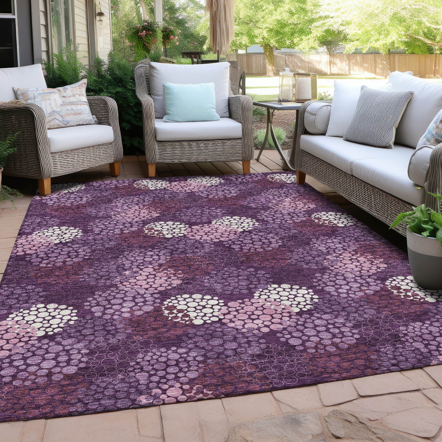 Tabselect Home Line 5' X 8' Eggplant Lavender And Ivory Polka Dot Washable Indoor Outdoor Area Rug