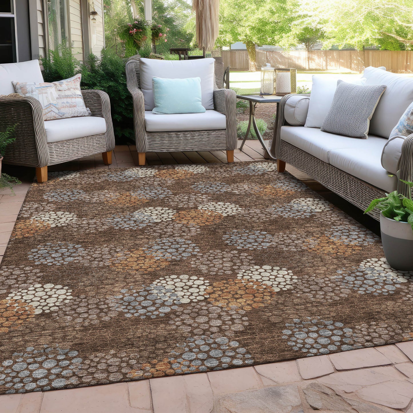 Tabselect Home Line 8' X 10' Brown Gray And Ivory Polka Dot Washable Indoor Outdoor Area Rug