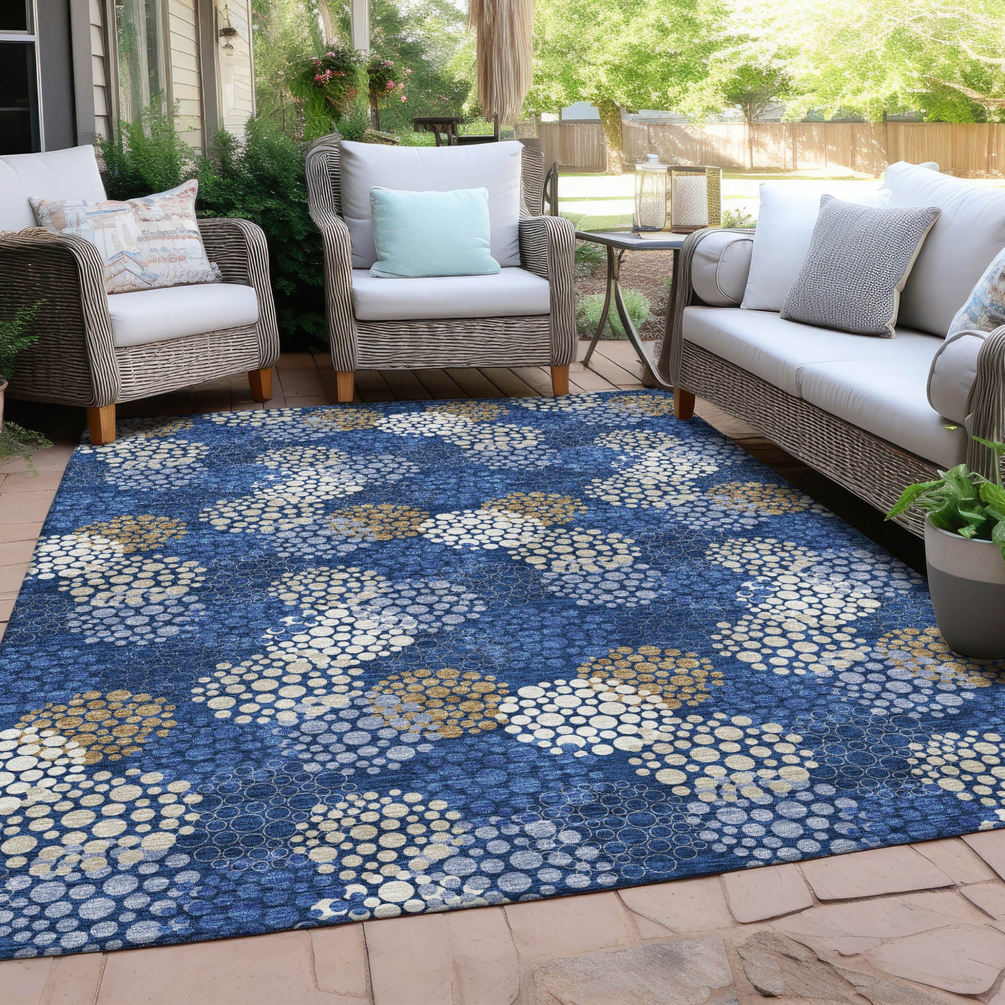 Tabselect Home Line 8' X 10' Navy Blue Brown And Ivory Polka Dot Washable Indoor Outdoor Area Rug