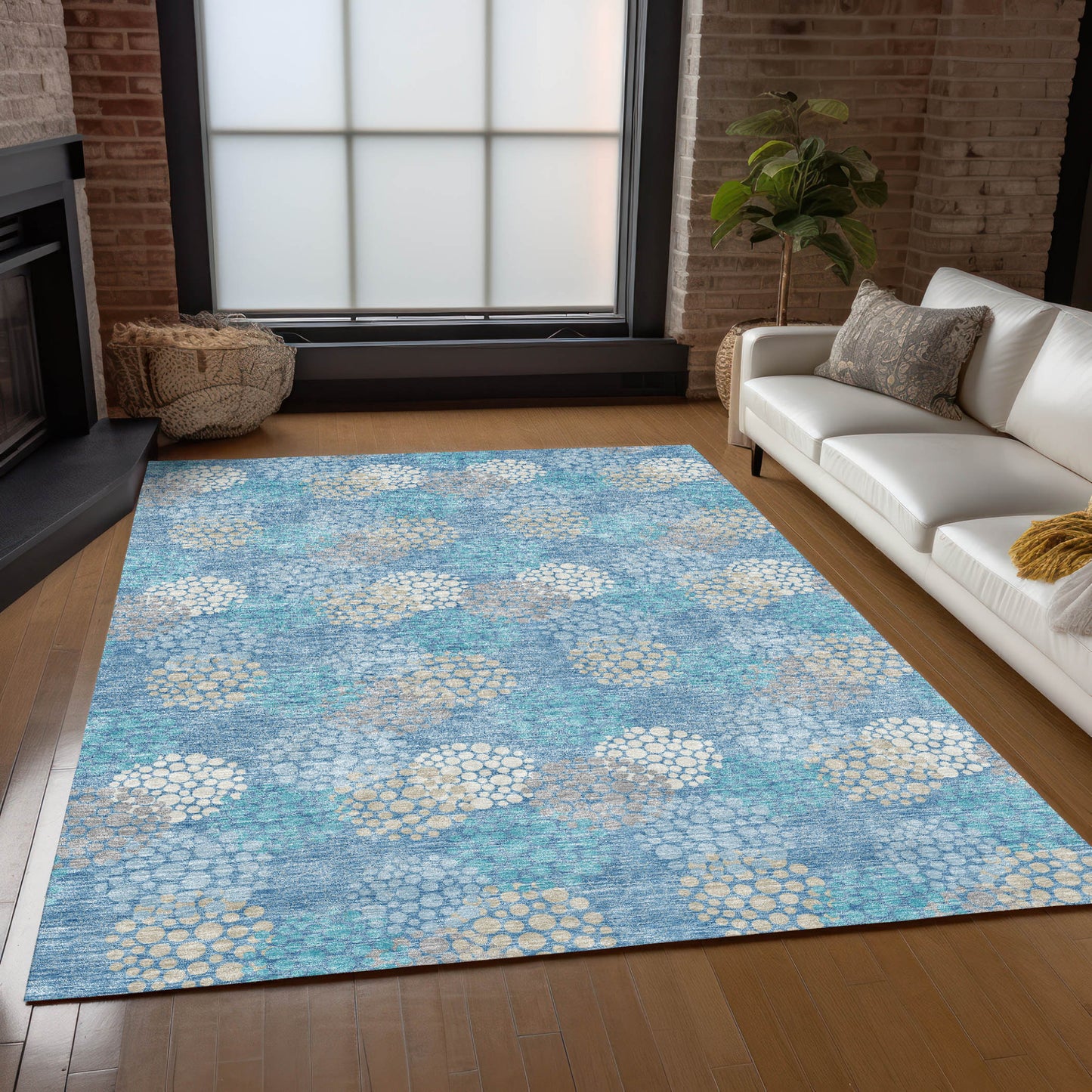 Tabselect Home Line 5' X 8' Sky Blue Gray And Ivory Polka Dot Washable Indoor Outdoor Area Rug