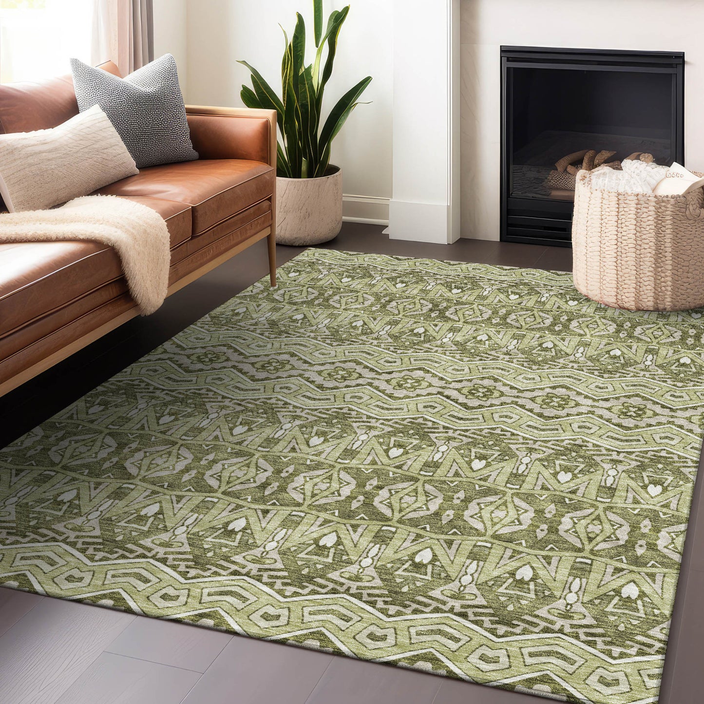 Tabselect Home Line 5' X 8' Artichoke Green Gray And Ivory Moroccan Washable Indoor Outdoor Area Rug