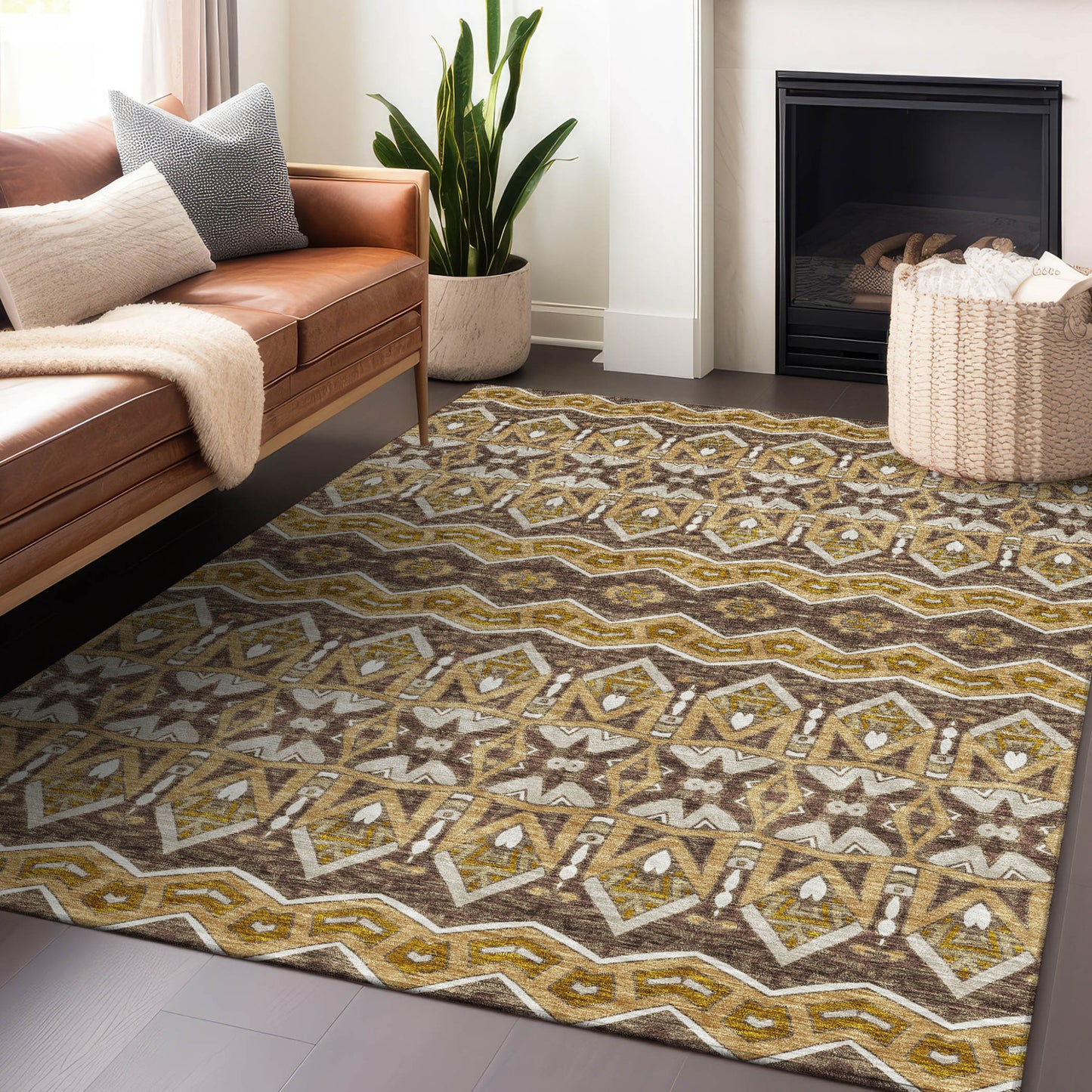 Tabselect Home Line 5' X 8' Gold Brown And Beige Moroccan Washable Indoor Outdoor Area Rug