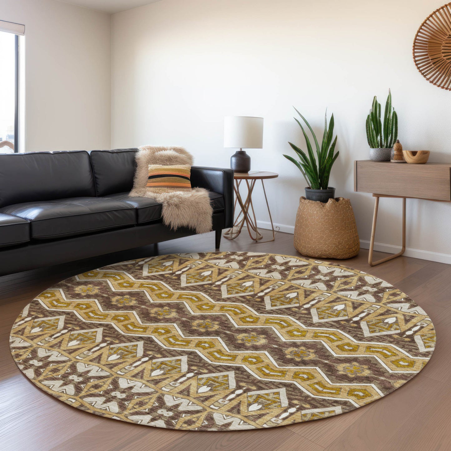 Tabselect Home Line 8' Gold Brown And Beige Round Moroccan Washable Indoor Outdoor Area Rug