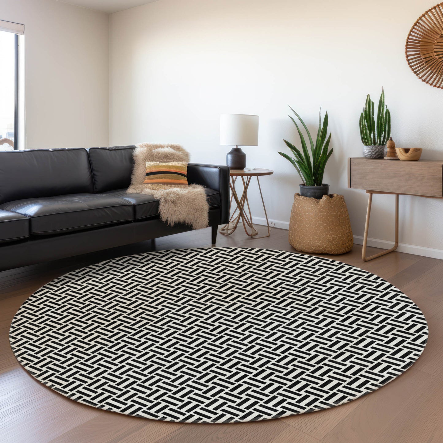 Tabselect Home Line 8' Black And Ivory Round Geometric Washable Indoor Outdoor Area Rug
