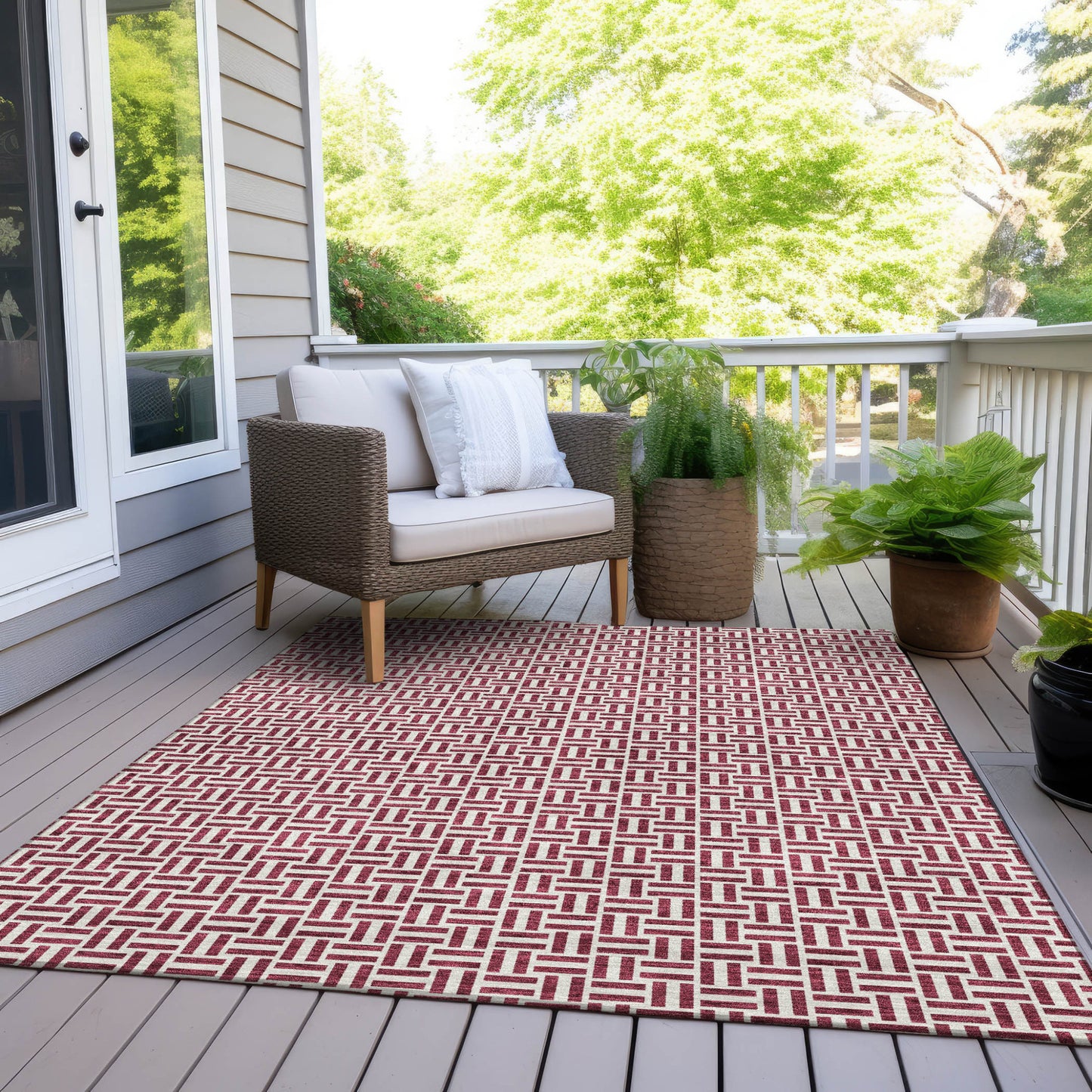 Tabselect Home Line 5' X 8' Burgundy And Ivory Geometric Washable Indoor Outdoor Area Rug