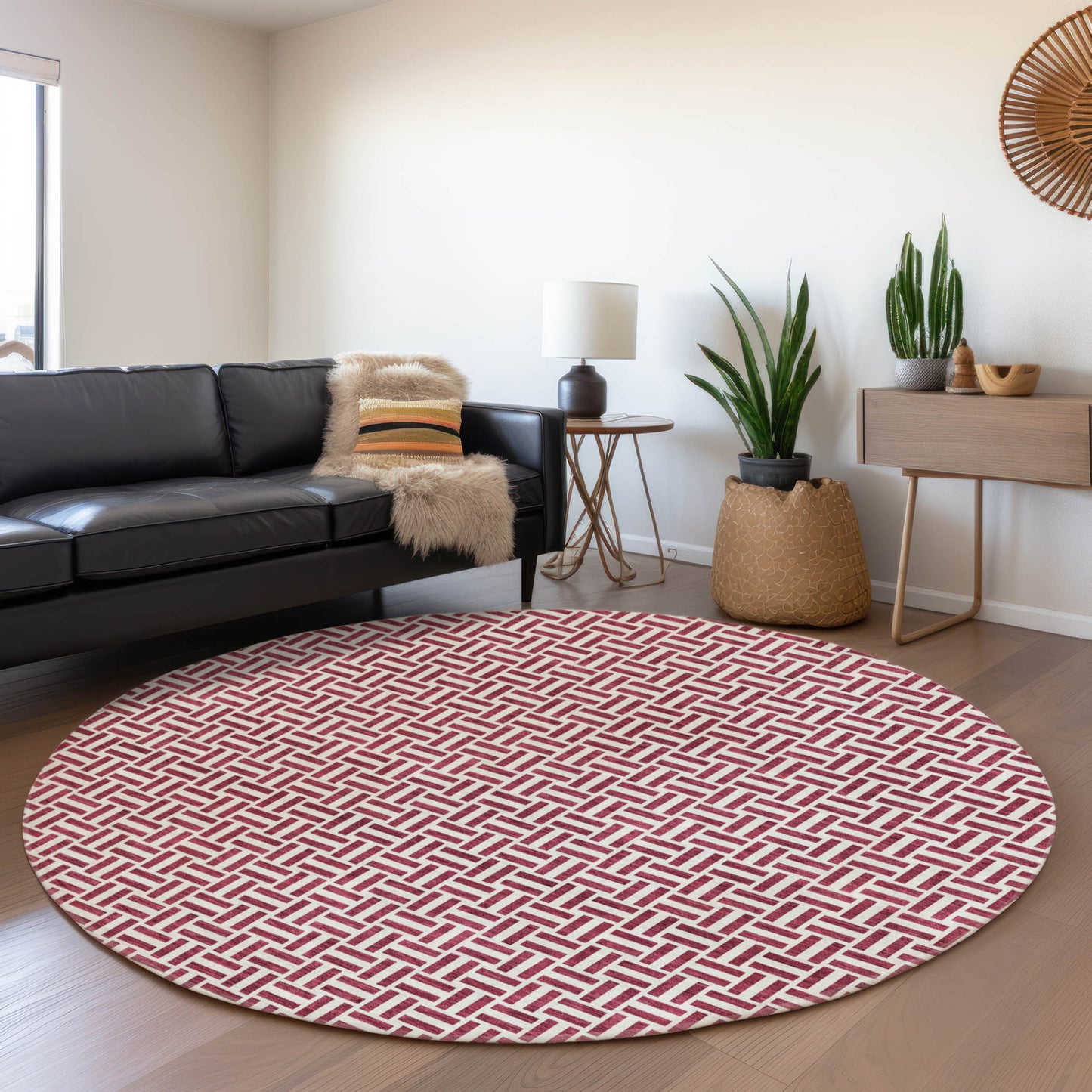 Tabselect Home Line 8' Burgundy And Ivory Round Geometric Washable Indoor Outdoor Area Rug