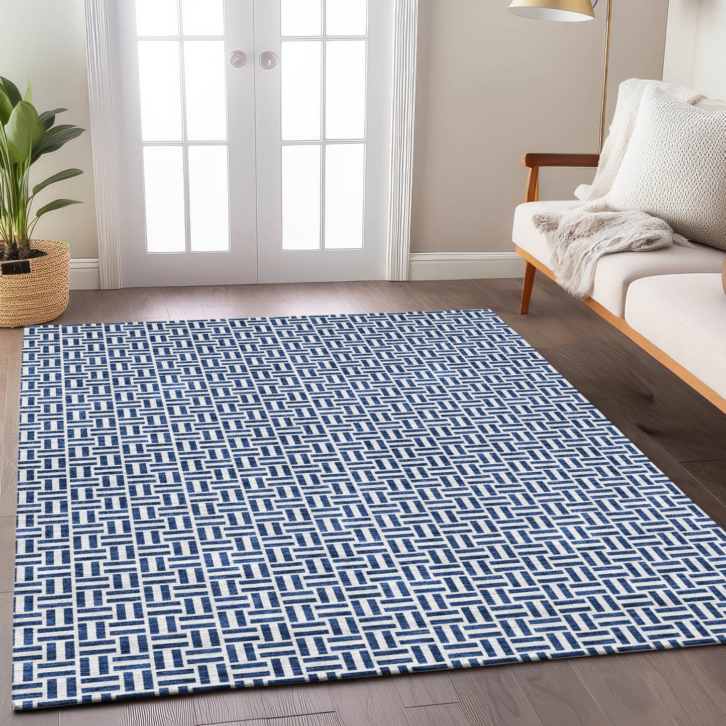 Tabselect Home Line 5' X 8' Navy Blue And Gray Geometric Washable Indoor Outdoor Area Rug