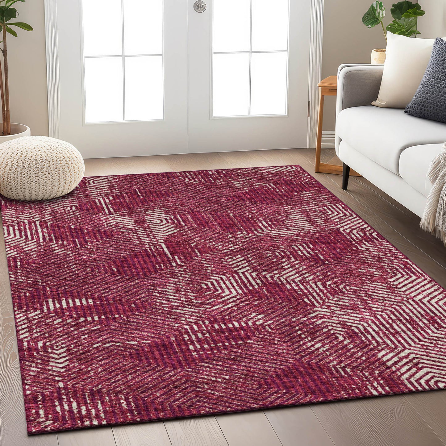 Tabselect Home Line 5' X 8' Burgundy And Ivory Geometric Washable Indoor Outdoor Area Rug
