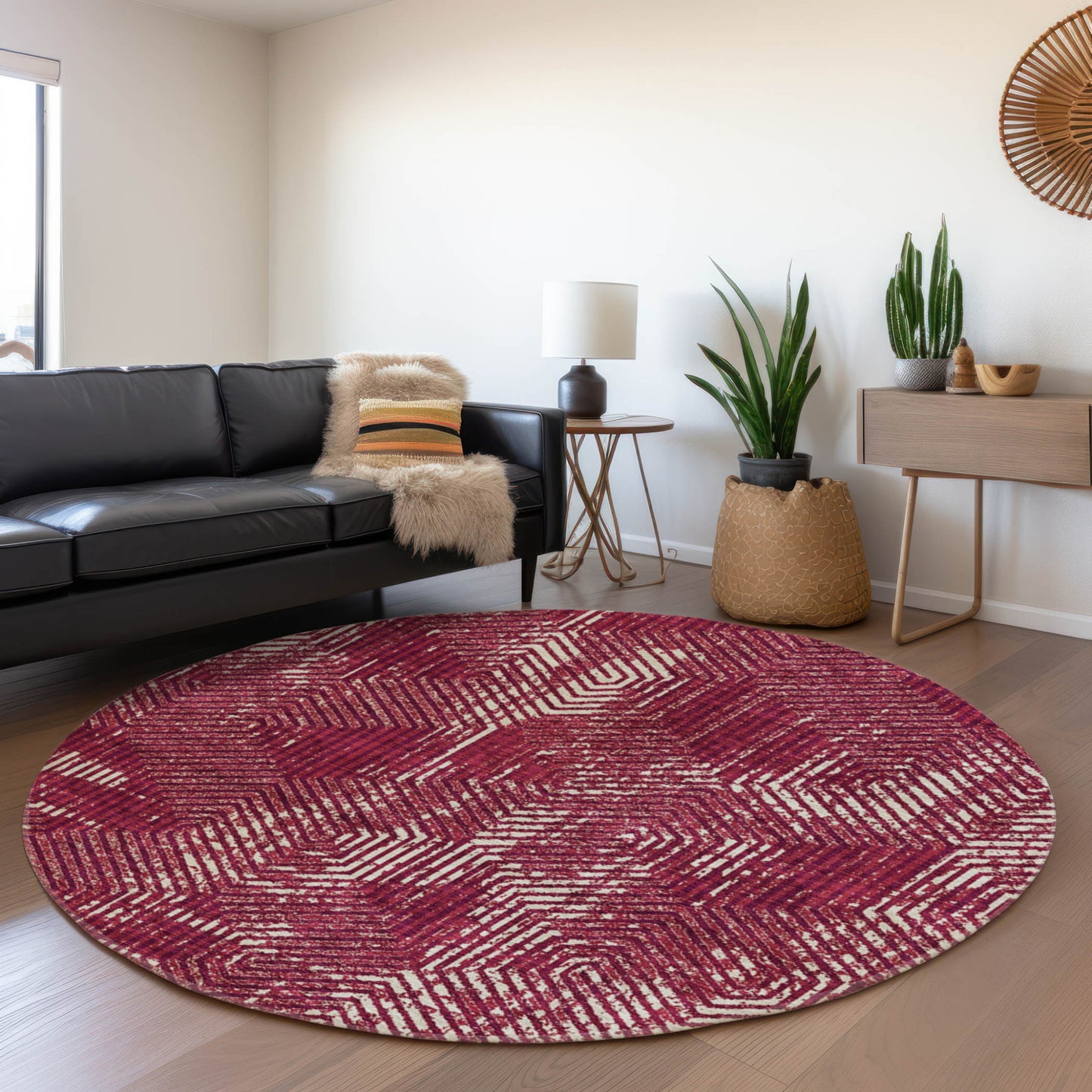 Tabselect Home Line 8' Burgundy And Ivory Round Geometric Washable Indoor Outdoor Area Rug