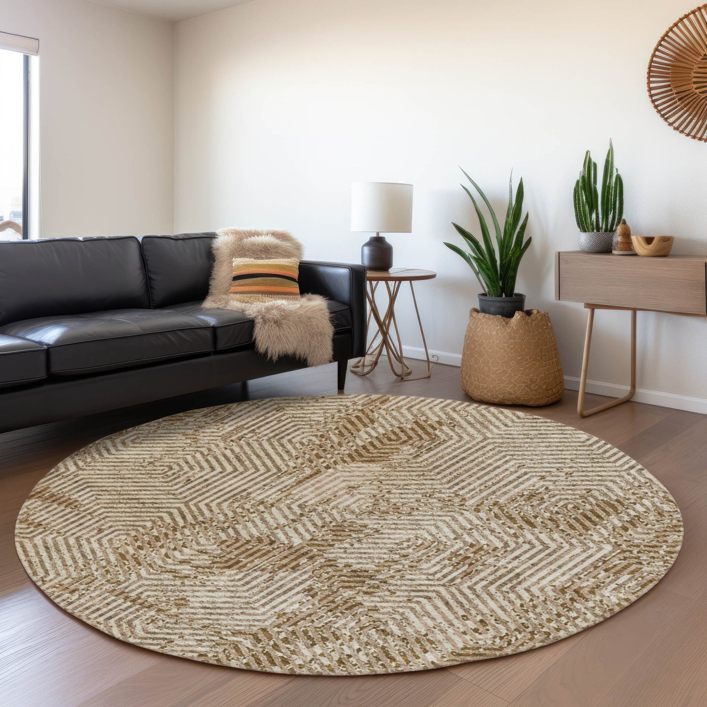 Tabselect Home Line 8' Brown And Beige Round Geometric Washable Indoor Outdoor Area Rug