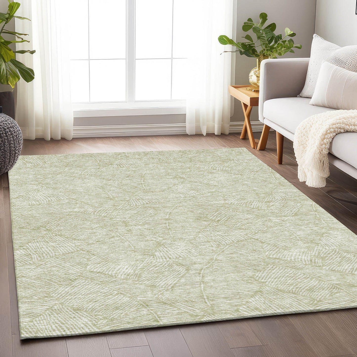 Tabselect Home Line 5' X 8' Artichoke Green And Ivory Floral Washable Indoor Outdoor Area Rug