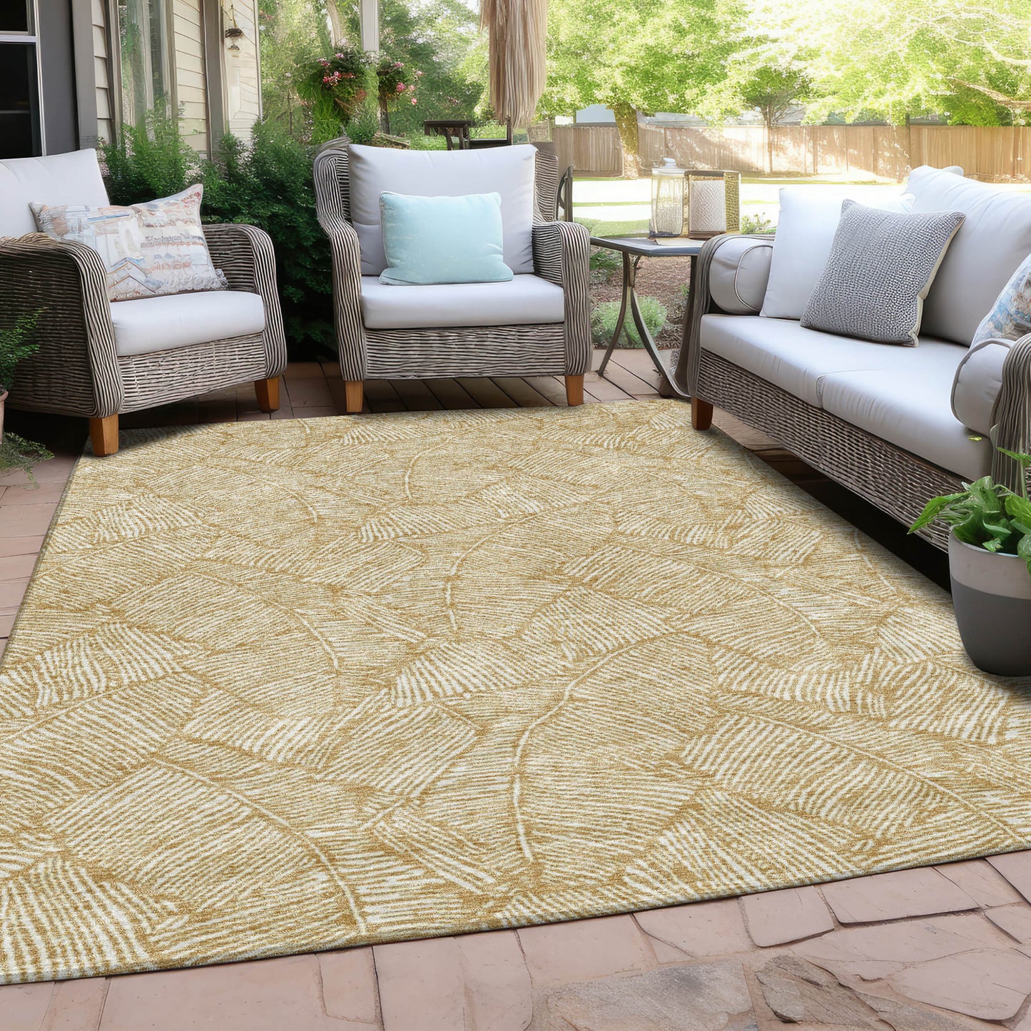 Tabselect Home Line 8' X 10' Gold And Beige Floral Washable Indoor Outdoor Area Rug
