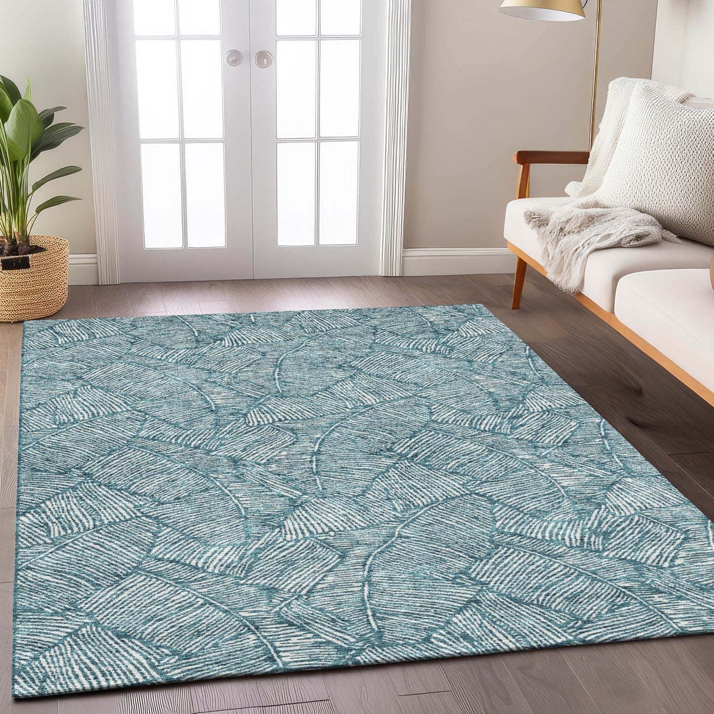 Tabselect Home Line 8' X 10' Teal Blue And Ivory Floral Washable Indoor Outdoor Area Rug
