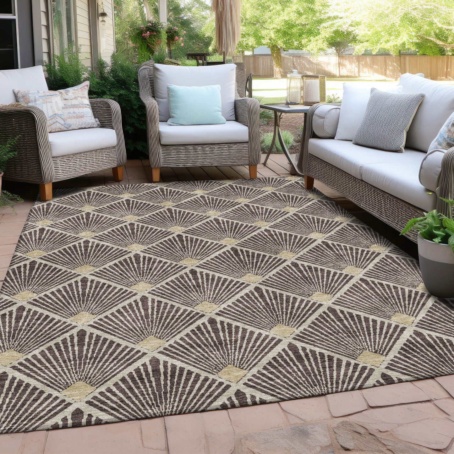 Tabselect Home Line 5' X 8' Brown And Beige Geometric Washable Indoor Outdoor Area Rug