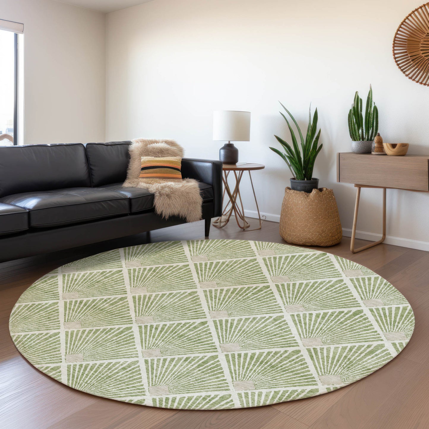 Tabselect Home Line 8' Green Beige And Ivory Round Geometric Washable Indoor Outdoor Area Rug