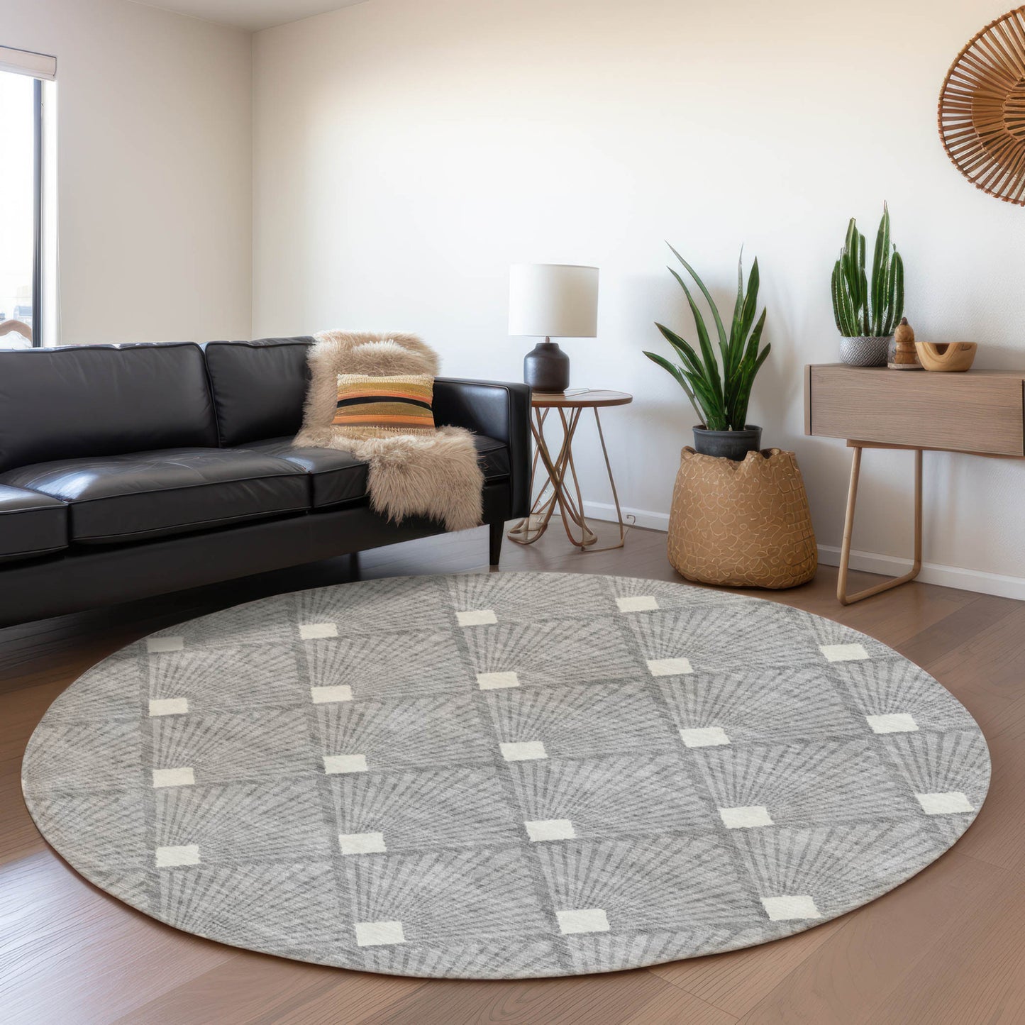 Tabselect Home Line 8' Gray And Ivory Round Geometric Washable Indoor Outdoor Area Rug