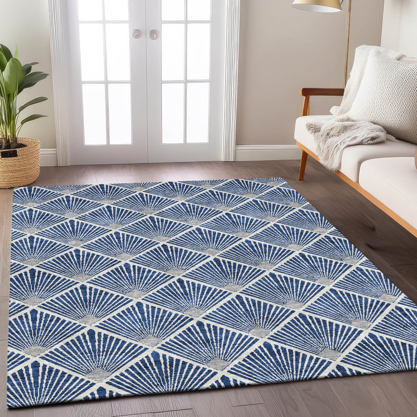 Tabselect Home Line 8' X 10' Navy Blue Gray And Ivory Geometric Washable Indoor Outdoor Area Rug