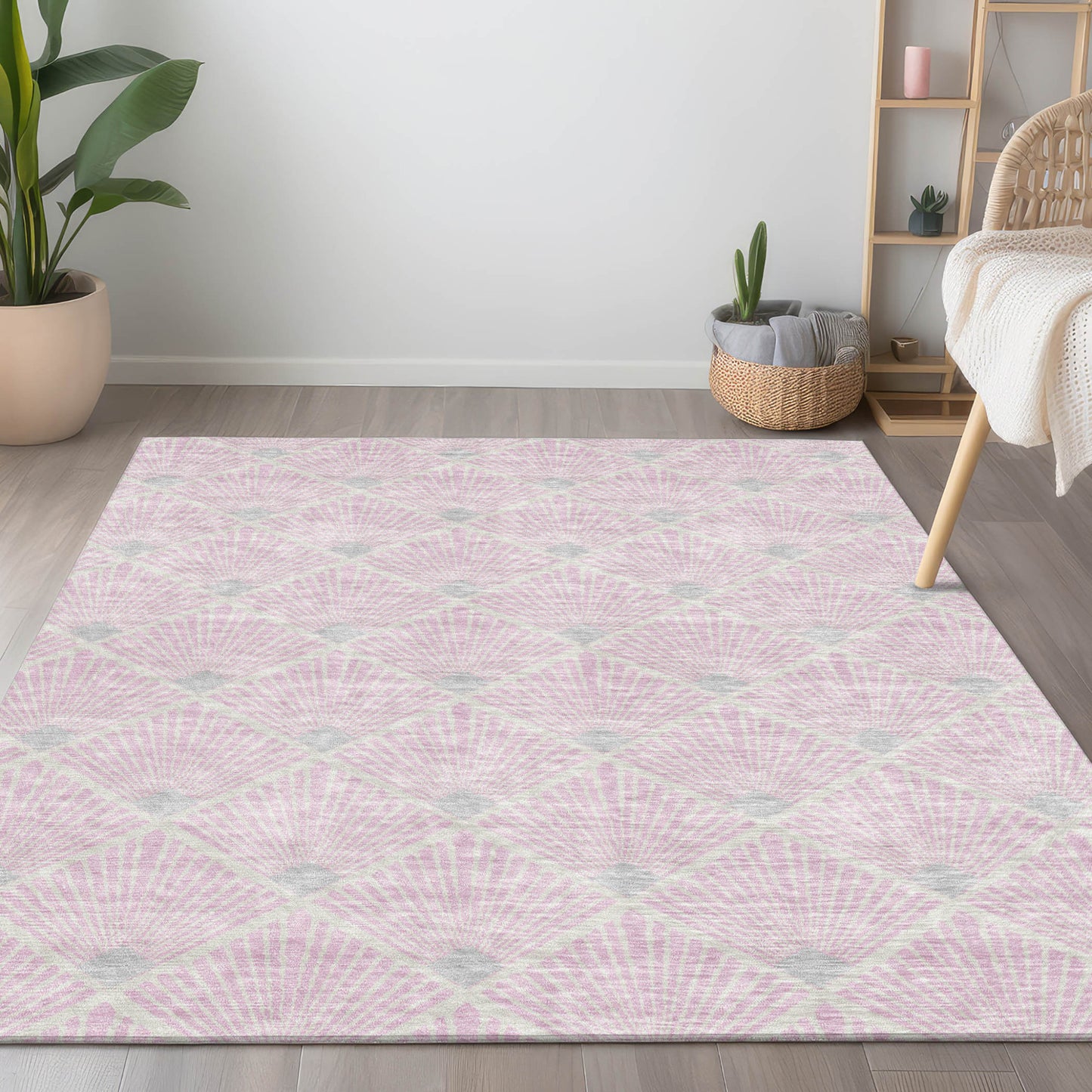 Tabselect Home Line 5' X 8' Pink Gray And Ivory Geometric Washable Indoor Outdoor Area Rug