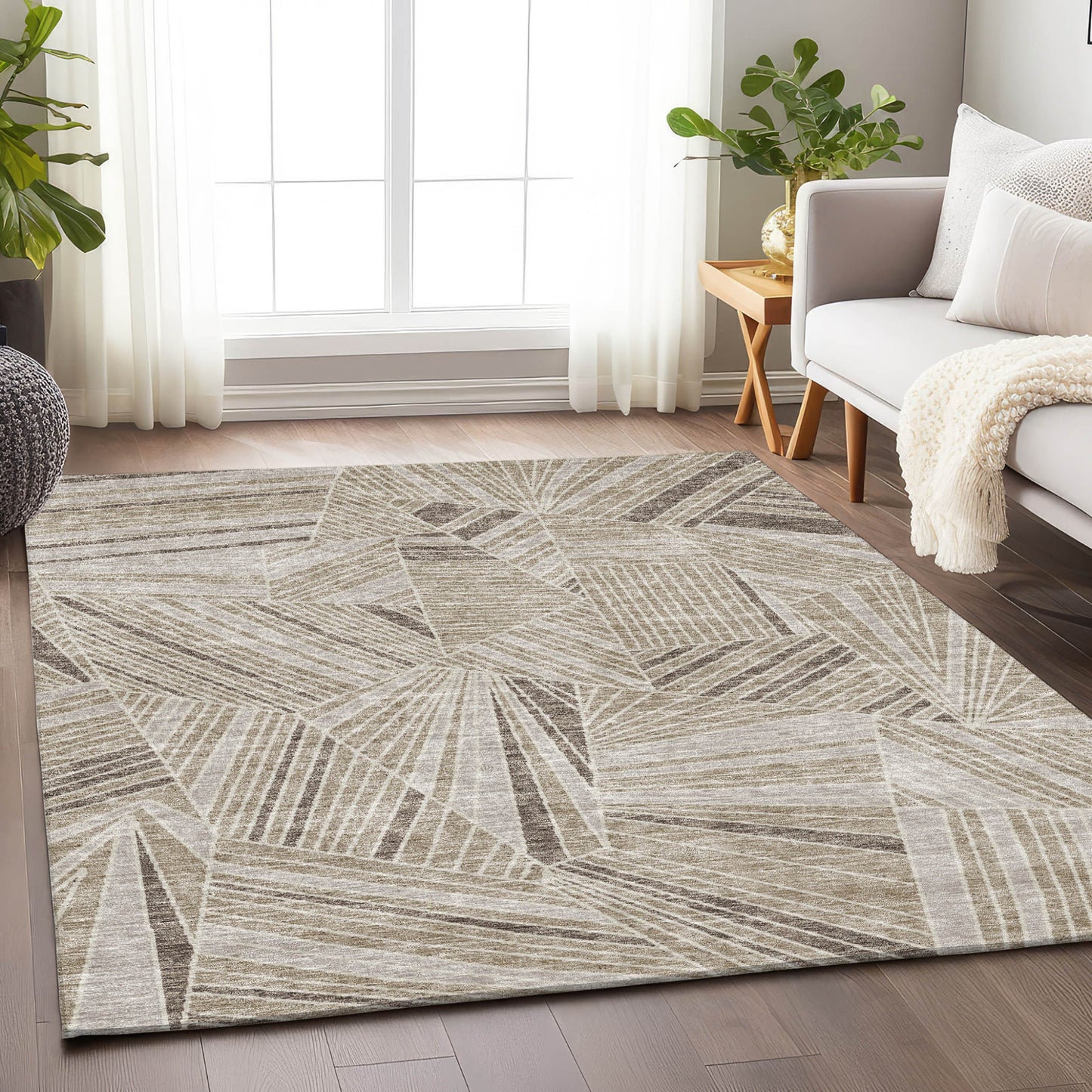 Tabselect Home Line 5' X 8' Beige Brown And Ivory Geometric Washable Indoor Outdoor Area Rug